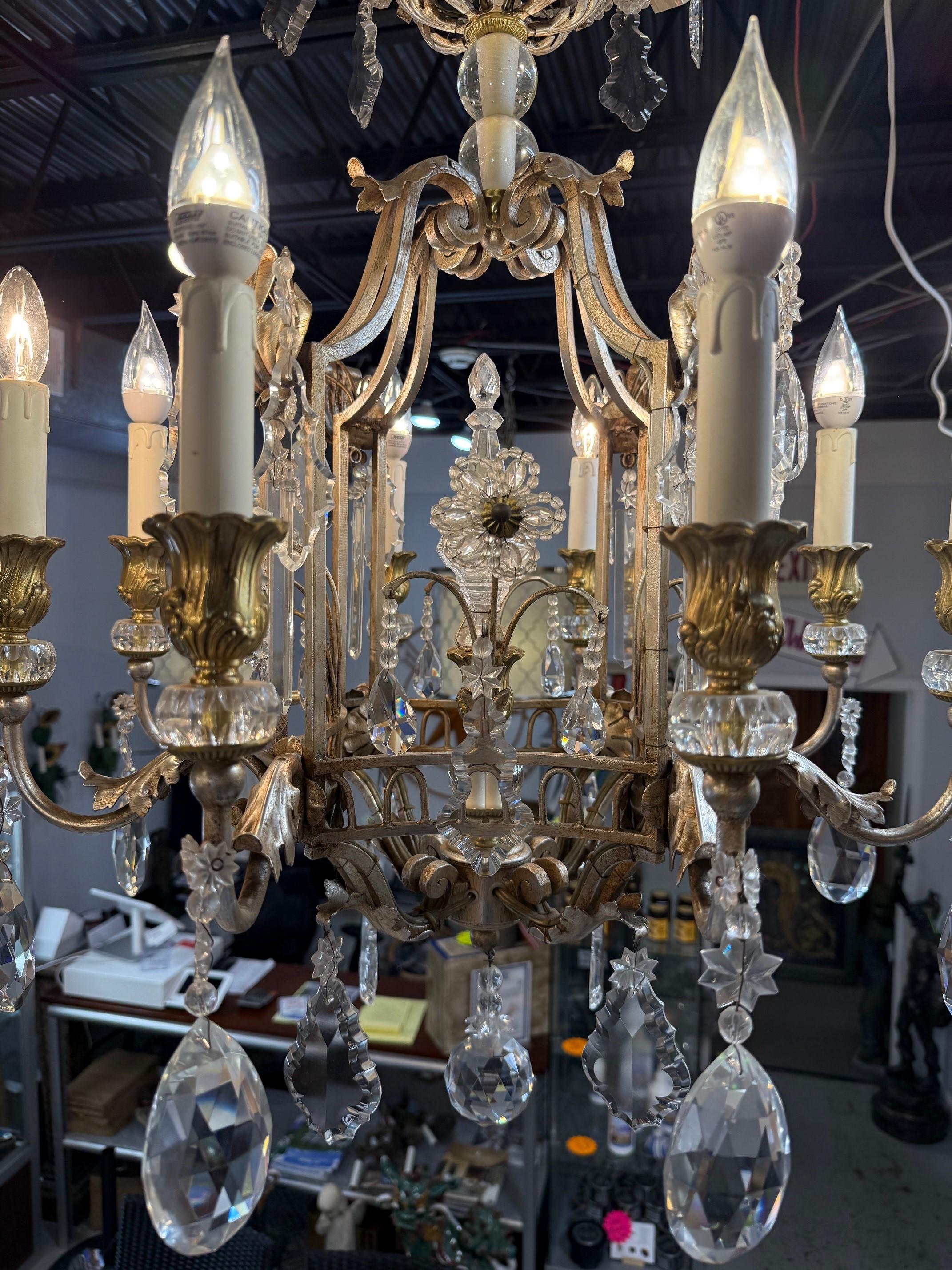 8 Light Iron, Brass & Crystal Chandelier with Antique Nickel Finish For Sale 4