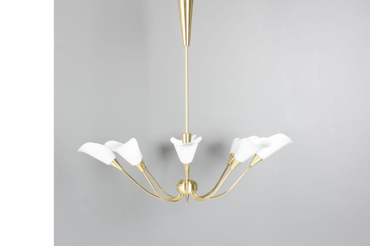 Lampada a sospensione degli anni '50
8 punti luce
Ottone e opalina
Design elegante e originale
Altezza: regolabile da 68 cm a 78 cm
