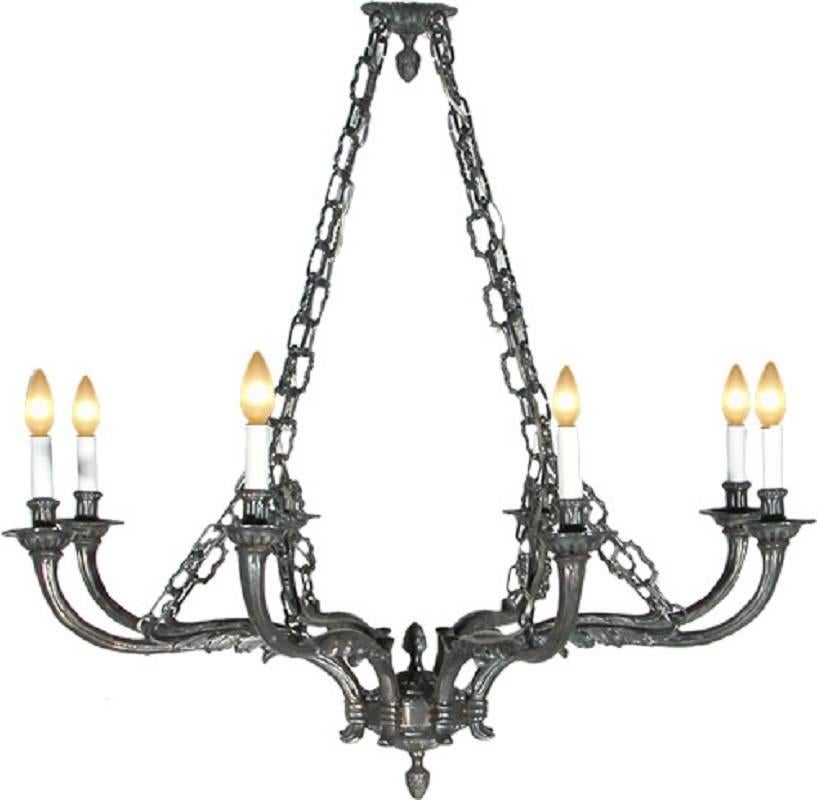 Eight-Light Pewter Chandelier For Sale