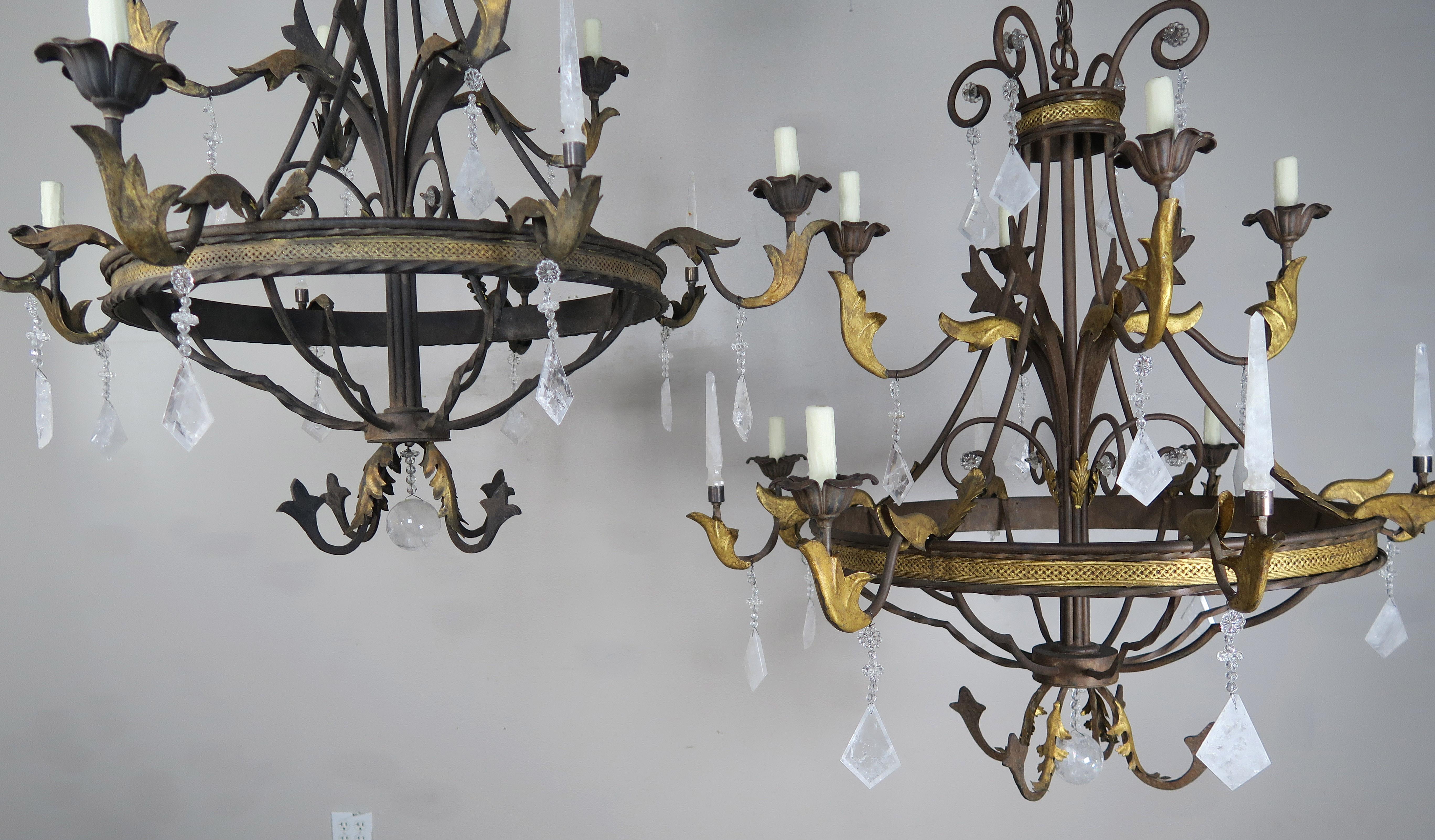 Wrought Iron 8-Light Spanish Baroque Style Rock Crystal Chandeliers, Pair