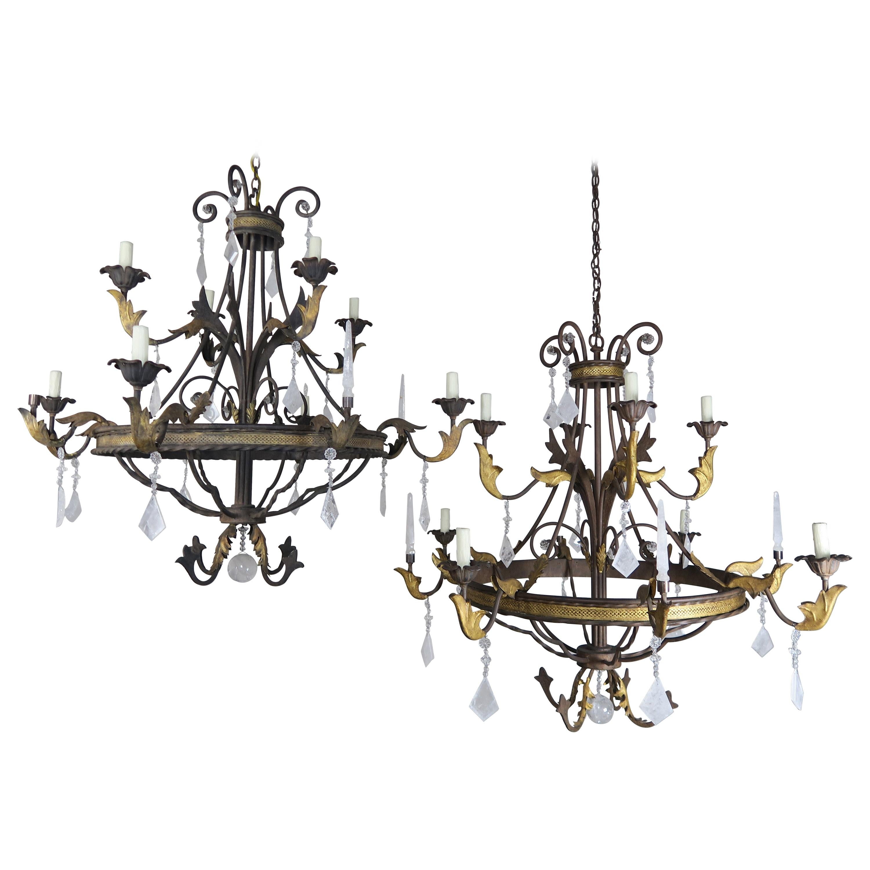 8-Light Spanish Baroque Style Rock Crystal Chandeliers, Pair