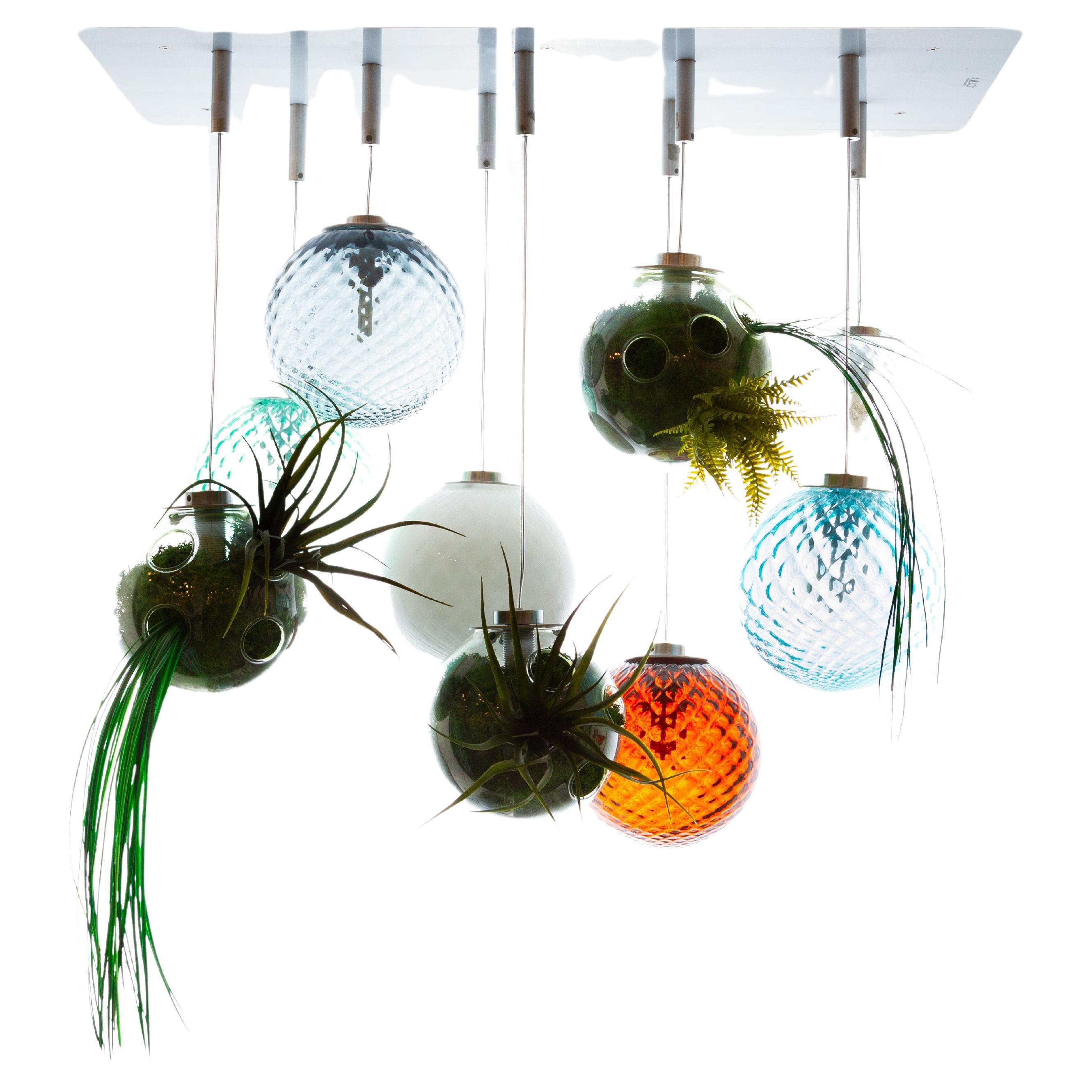8 lights ceiling chandelier with colored transparent Murano glass spheres For Sale