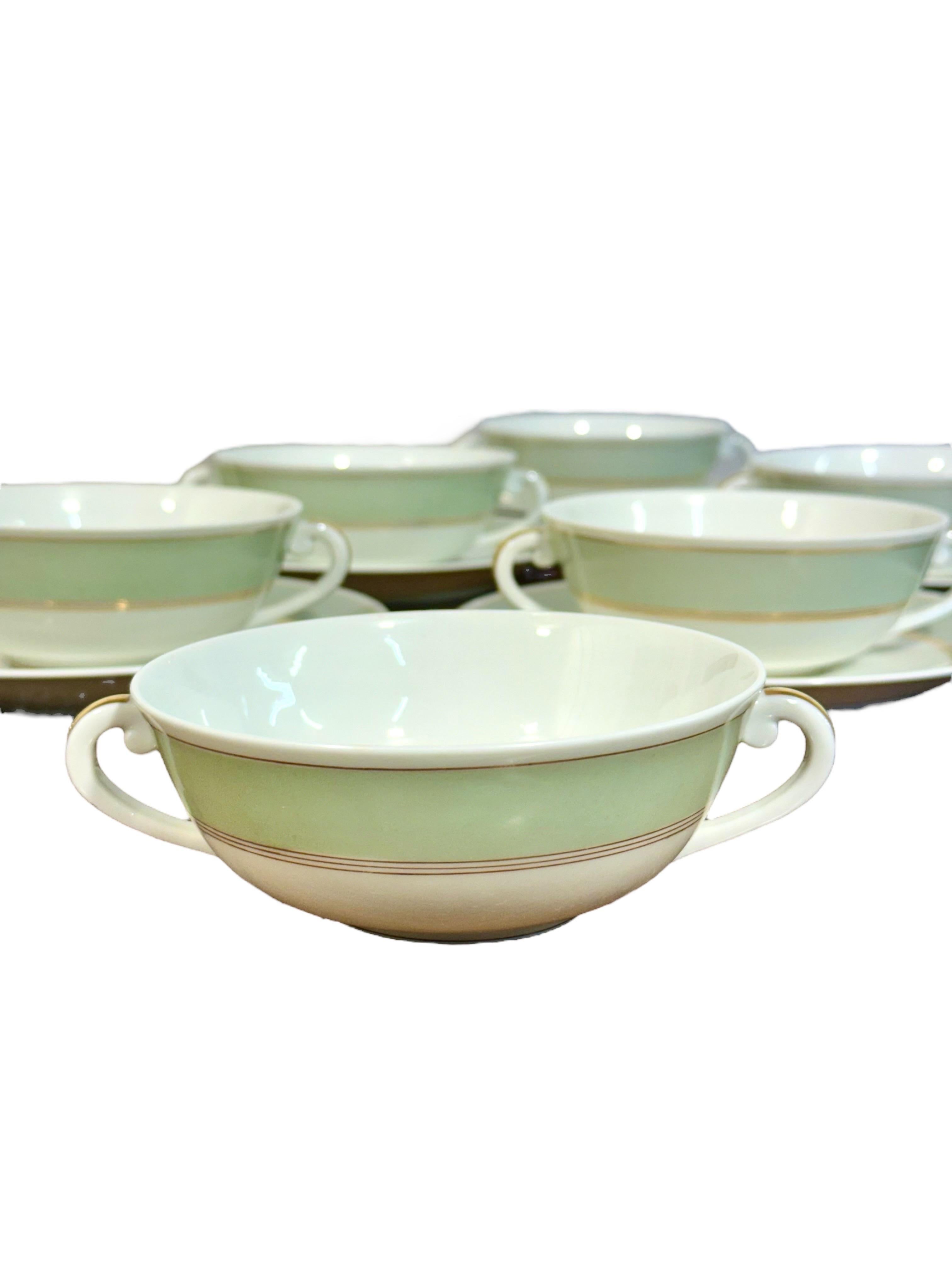 8 Limoges Porcelain Bouillons by A. Vignaud with Gold and Celadon Trim For Sale 4