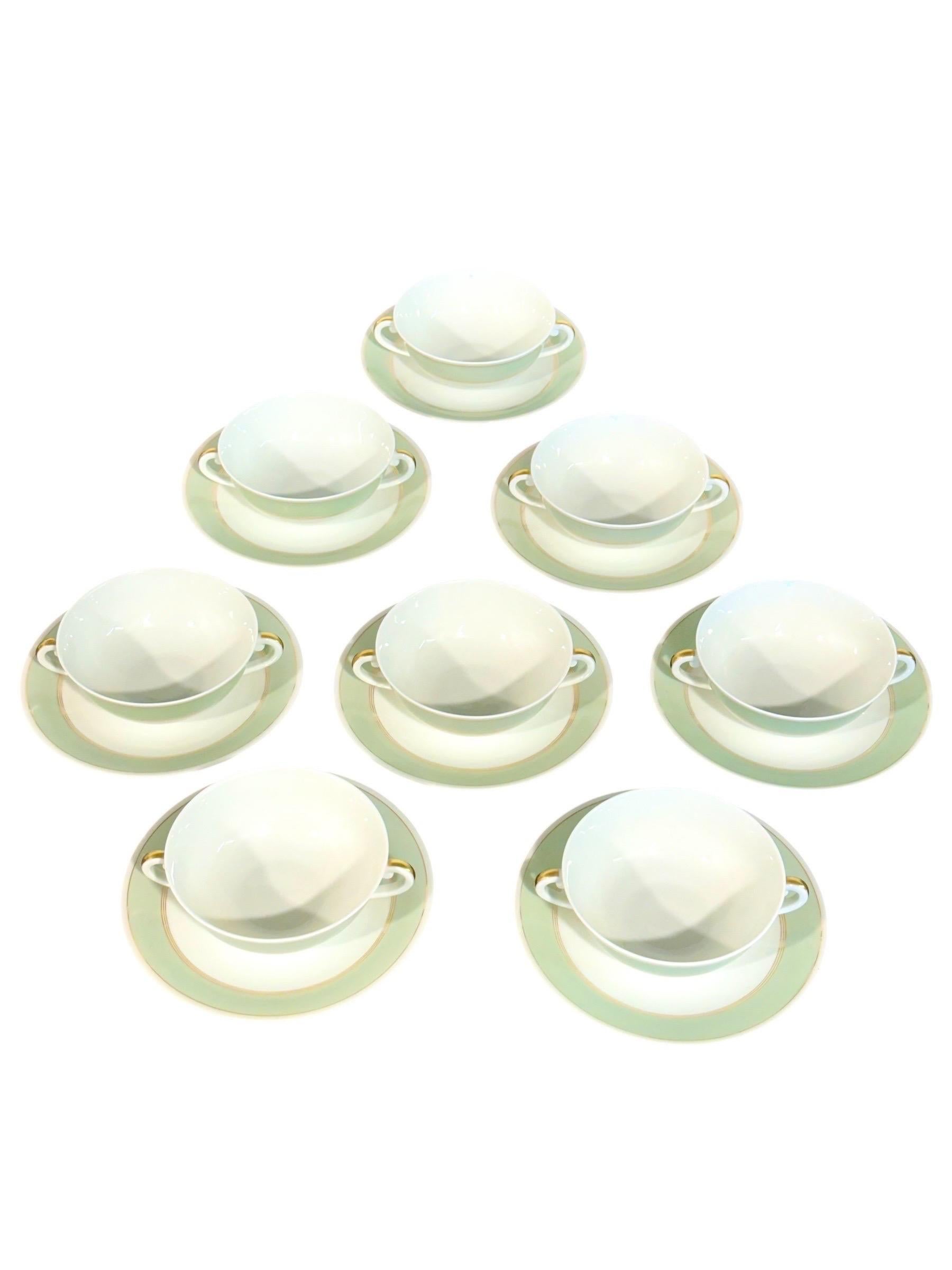 8 Limoges Porcelain Bouillons by A. Vignaud with Gold and Celadon Trim For Sale 5