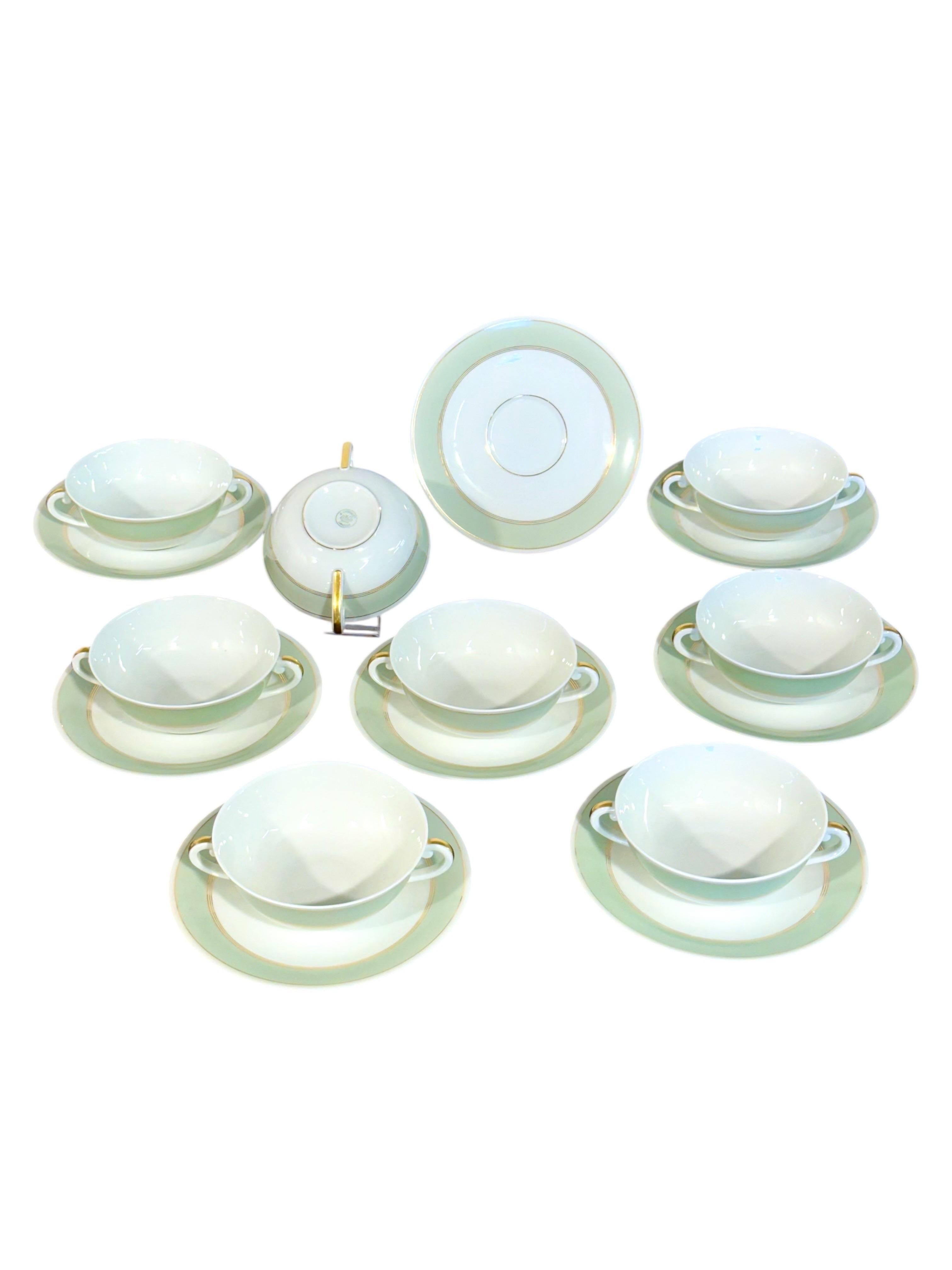 8 Limoges Porcelain Bouillons by A. Vignaud with Gold and Celadon Trim For Sale 7