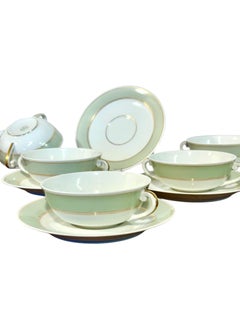 8 Limoges Porcelain Bouillons by A. Vignaud with Gold and Celadon Trim