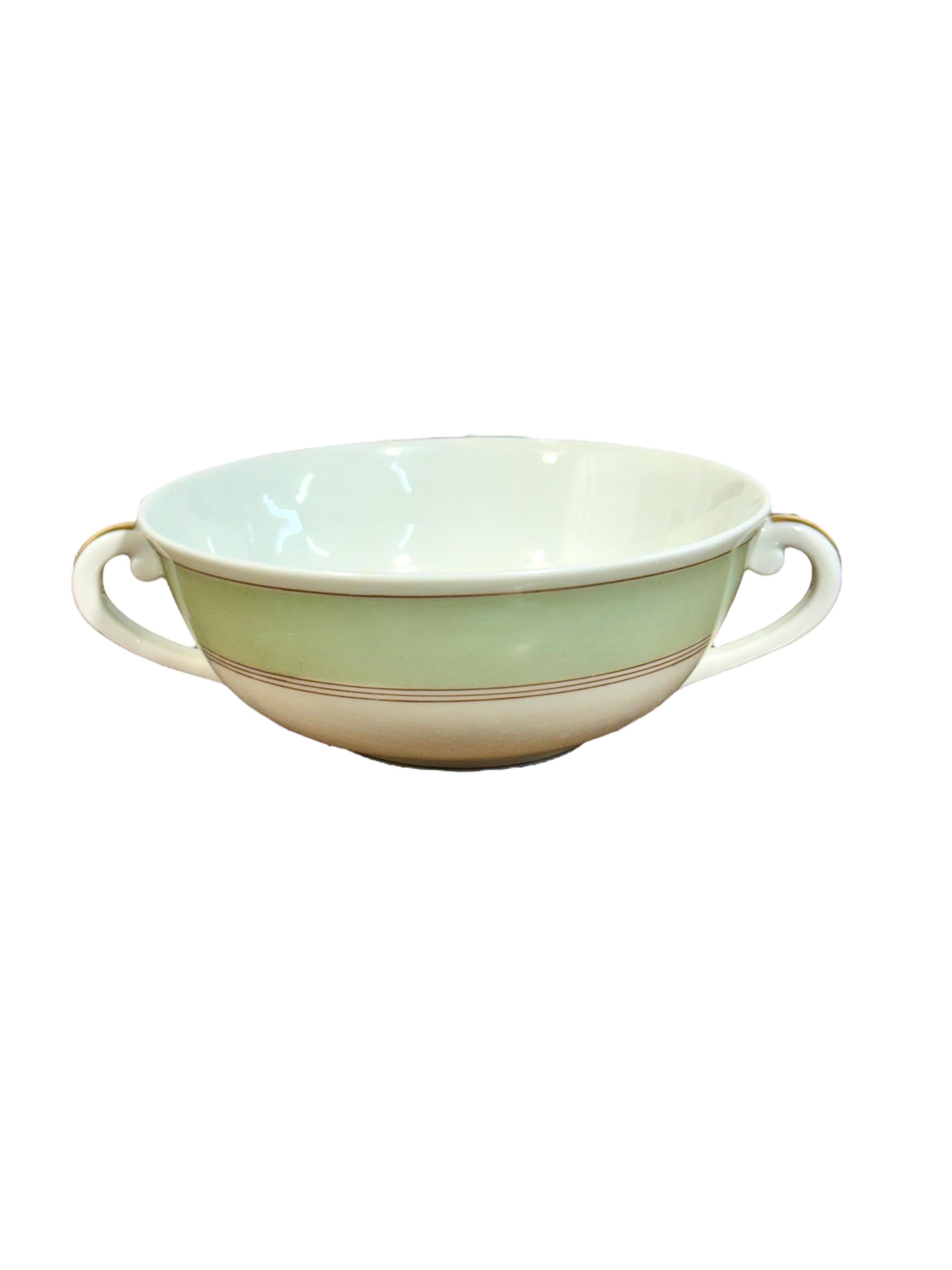 French 8 Limoges Porcelain Bouillons by A. Vignaud with Gold and Celadon Trim For Sale