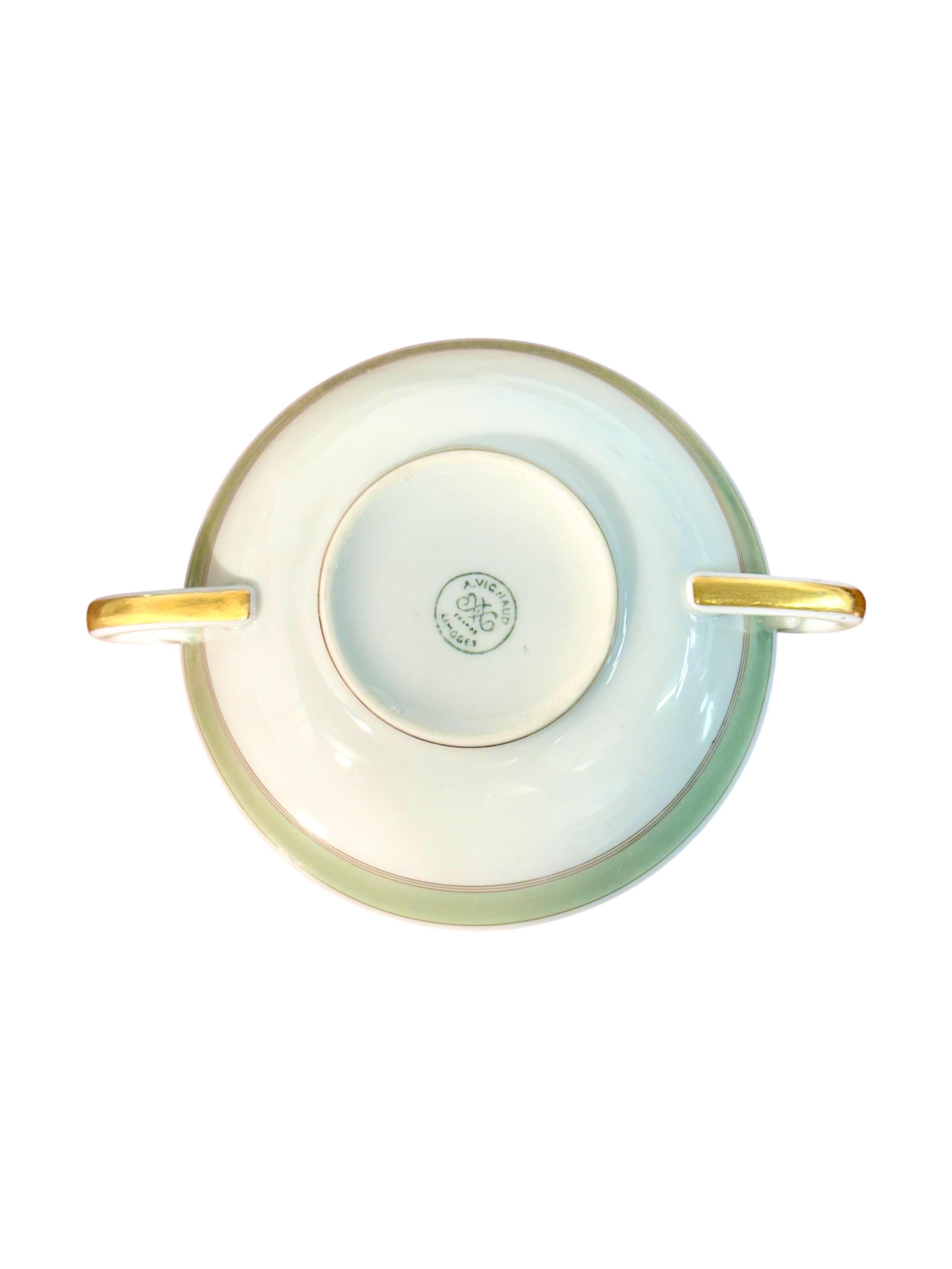 Gilt 8 Limoges Porcelain Bouillons by A. Vignaud with Gold and Celadon Trim For Sale