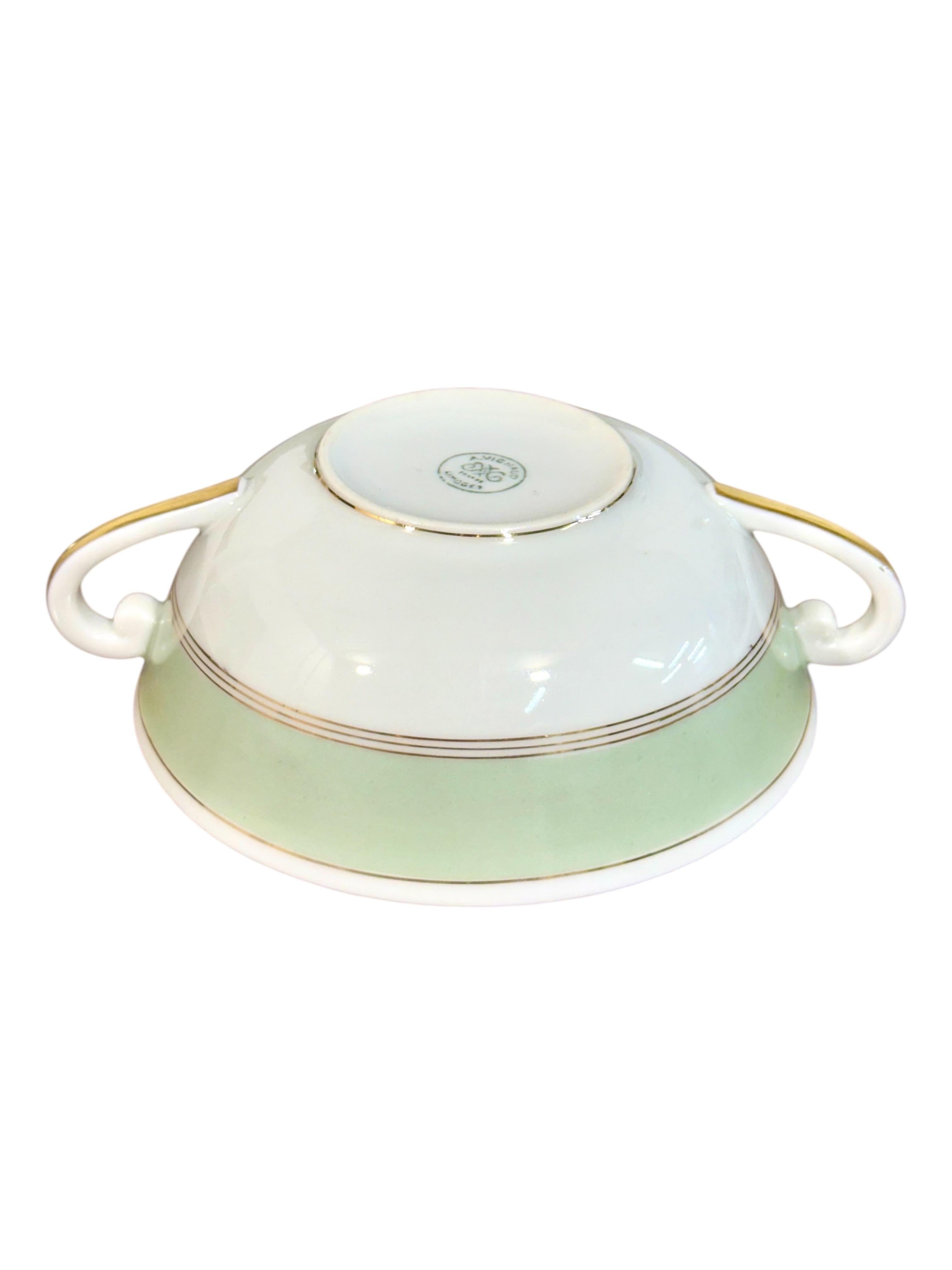 20th Century 8 Limoges Porcelain Bouillons by A. Vignaud with Gold and Celadon Trim For Sale