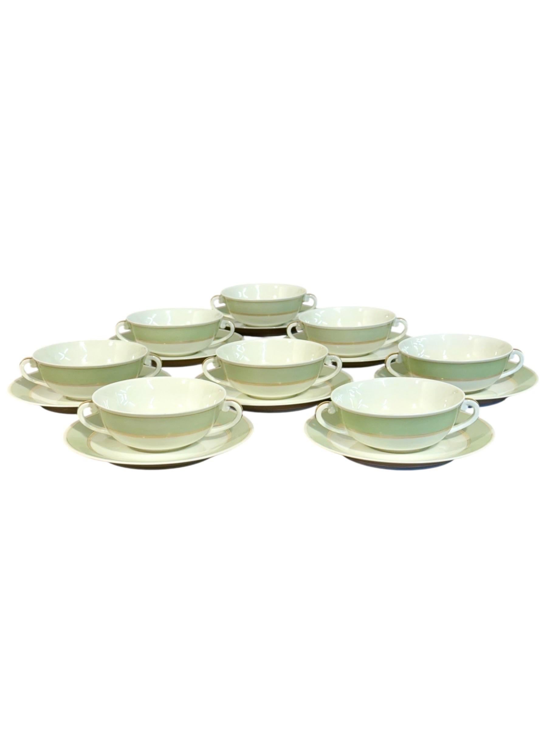 8 Limoges Porcelain Bouillons by A. Vignaud with Gold and Celadon Trim For Sale 2