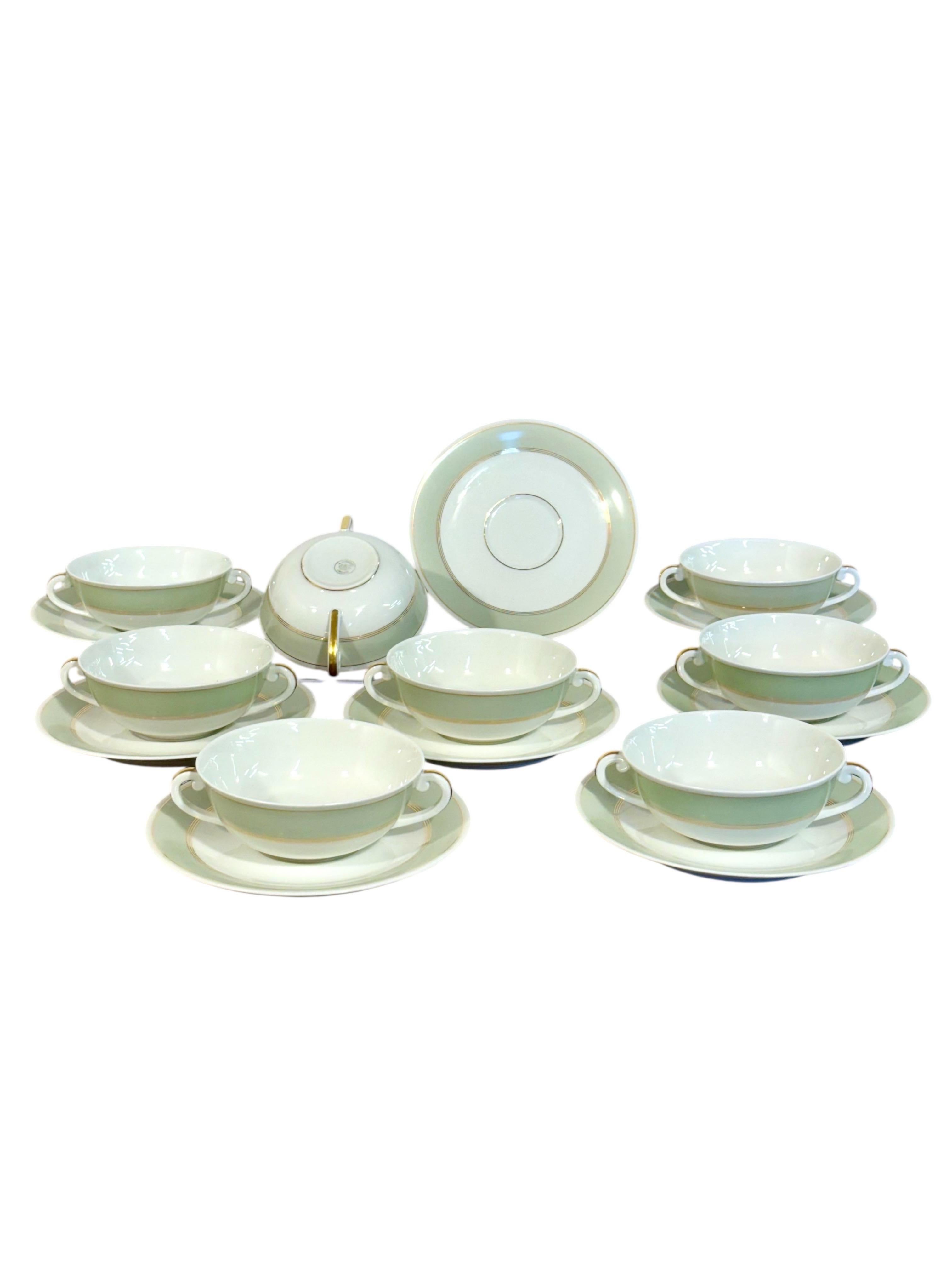8 Limoges Porcelain Bouillons by A. Vignaud with Gold and Celadon Trim For Sale 3