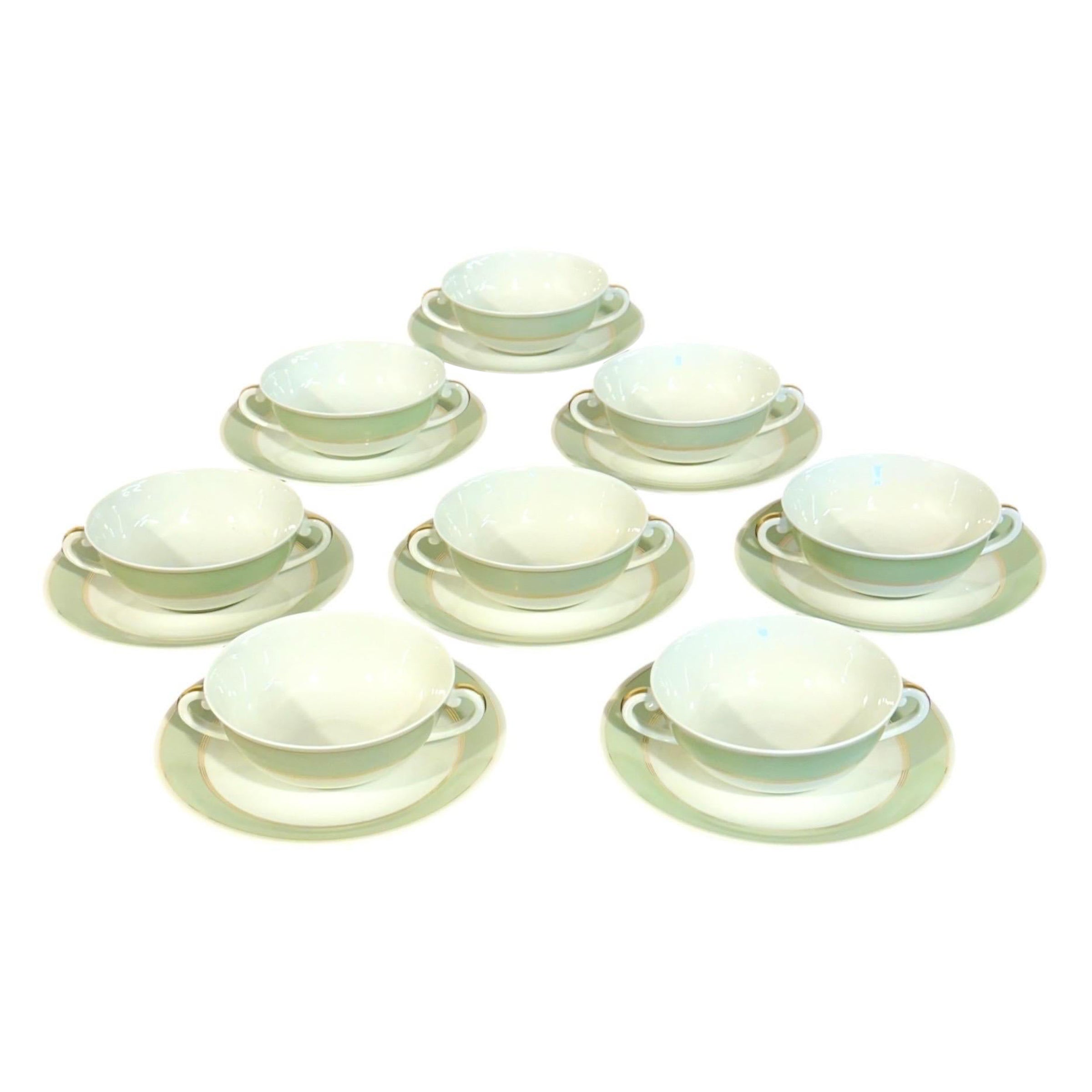 8 Limoges Porcelain Bouillons by A. Vignaud with Gold and Celadon Trim For Sale