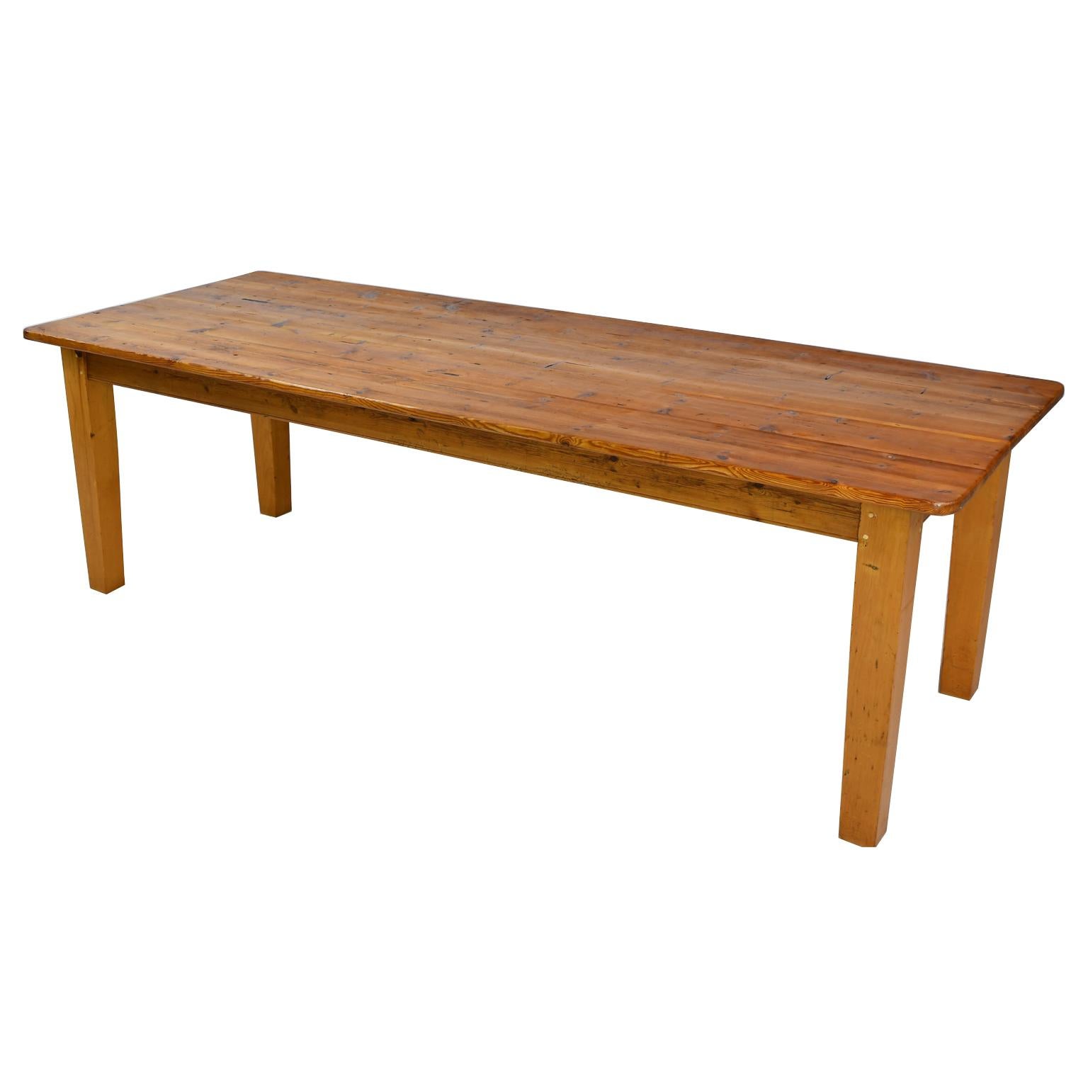 Hand-Crafted Long English Pine Farmhouse Dining Table with Tapered Legs and Antique Plank Top