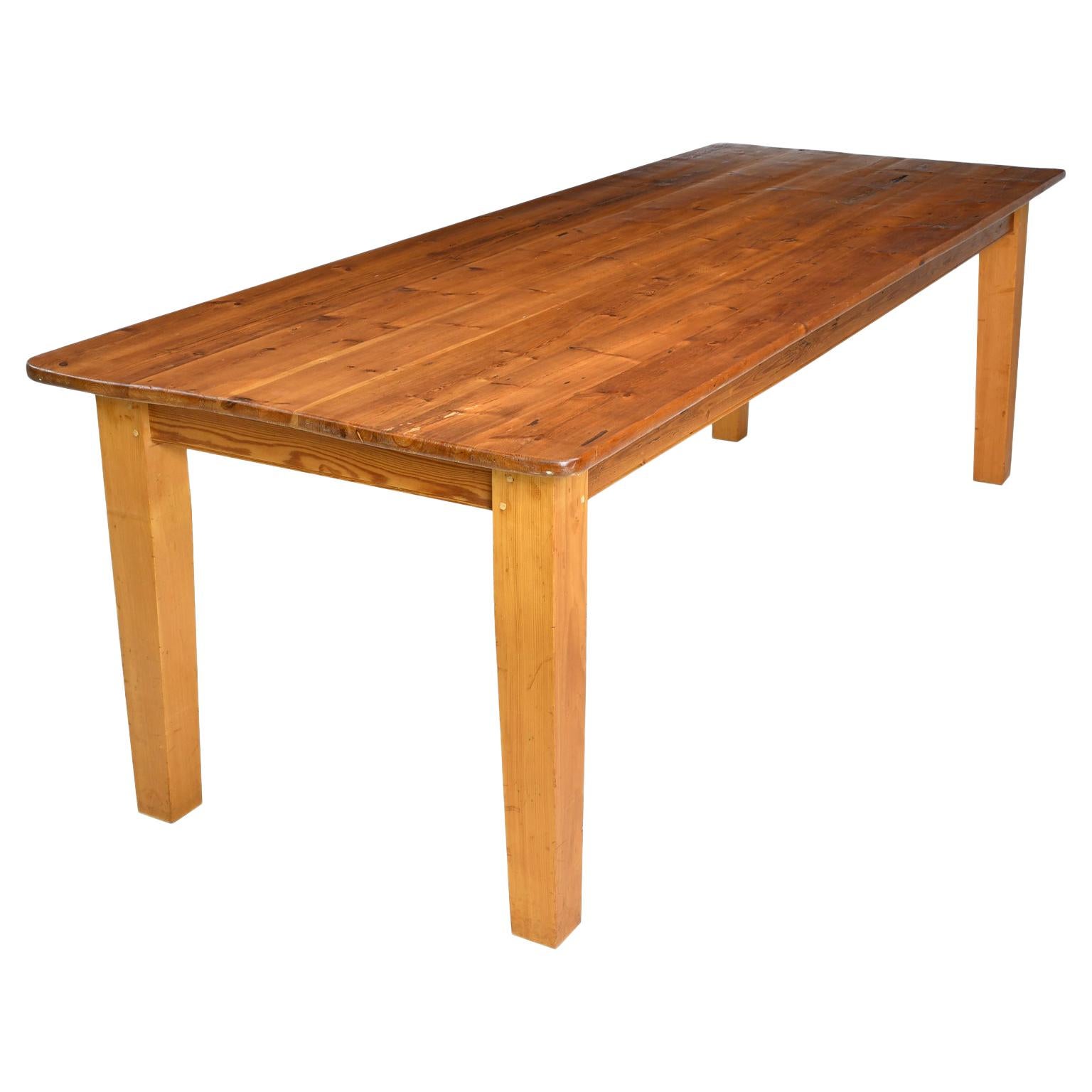 Long English Pine Farmhouse Dining Table with Tapered Legs and Antique Plank Top