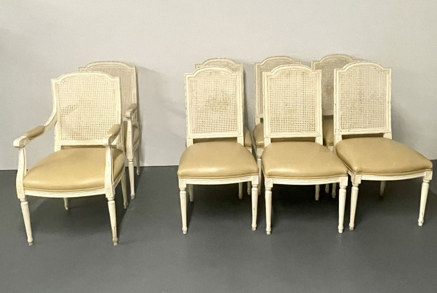 Louis XVI Style Traditional, Gustavian Dining Room Set. A custom Painted Dining Table & 8 Chairs, a pair of arm and six sides. This listing is only for the dining chairs. This finely crafted set is painted in a cream white finish having a French