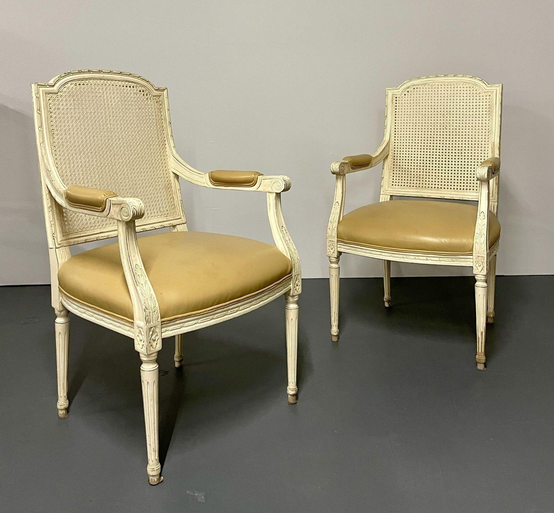 Gustavian 8 Louis XVI Style Wood Carved Painted Dining Chairs, Cane Back, Leather
