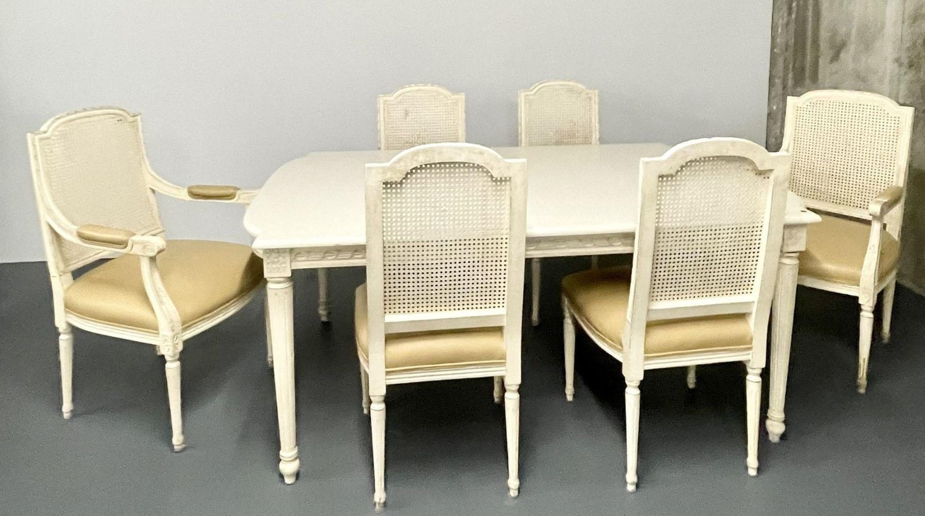 8 Louis XVI Style Wood Carved Painted Dining Chairs, Cane Back, Leather In Good Condition In Stamford, CT