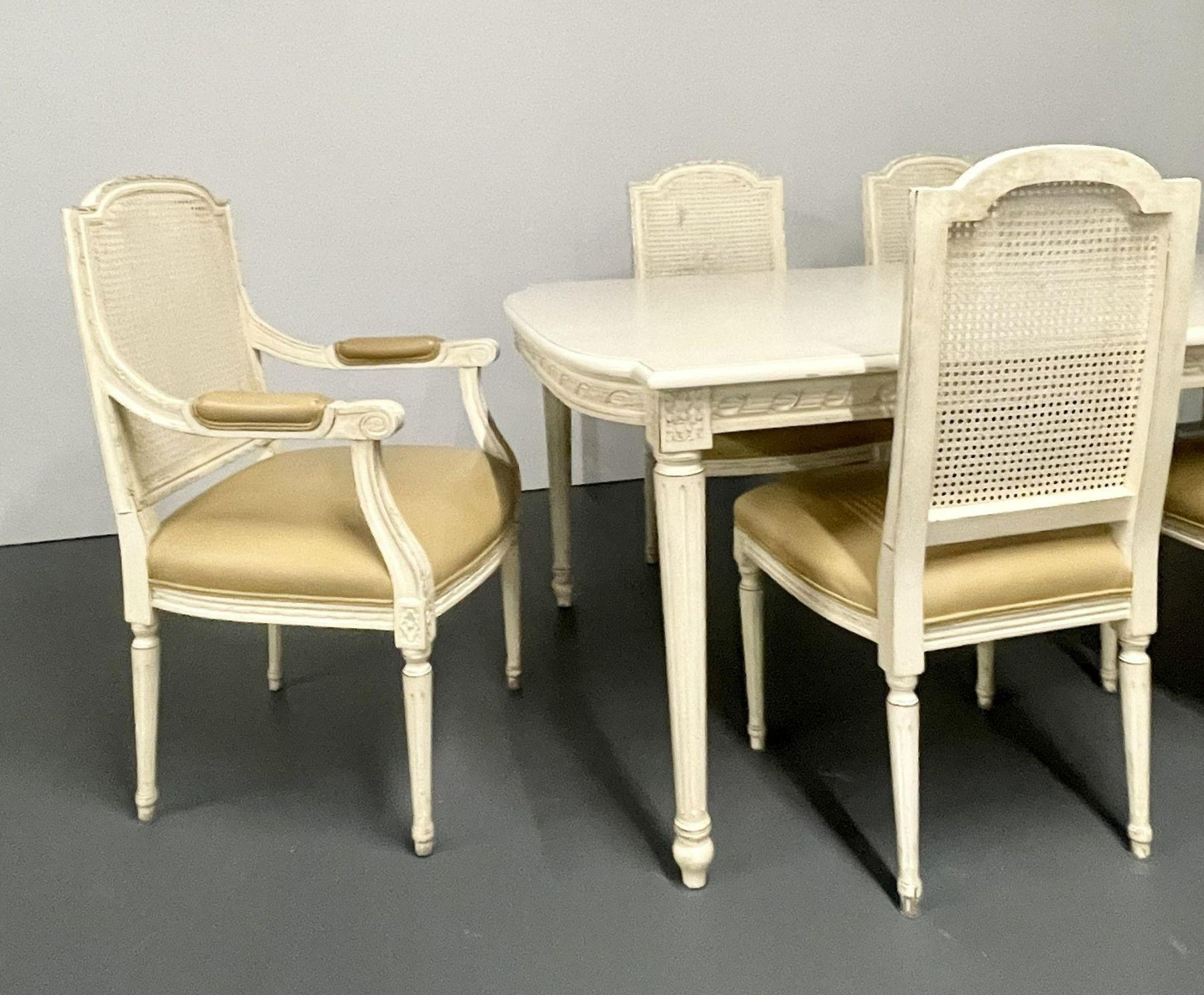 20th Century 8 Louis XVI Style Wood Carved Painted Dining Chairs, Cane Back, Leather