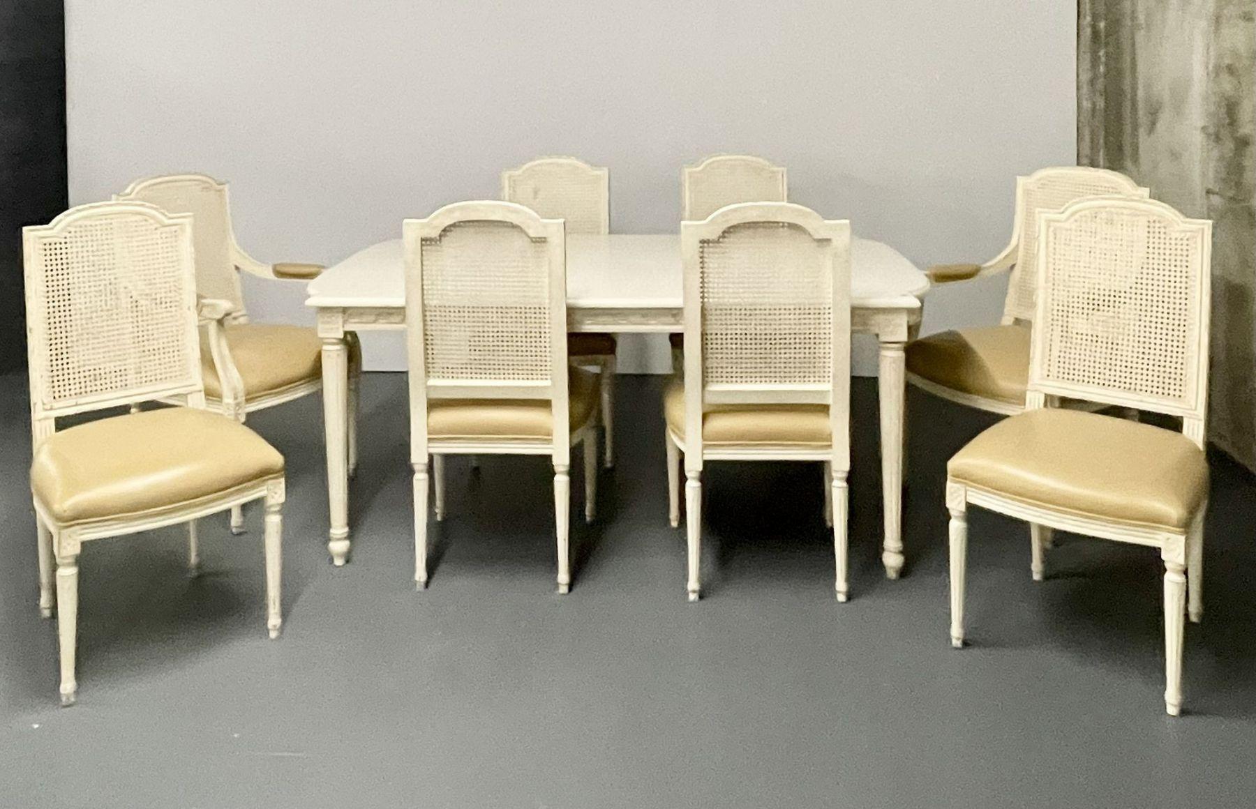 8 Louis XVI Style Wood Carved Painted Dining Chairs, Cane Back, Leather 1