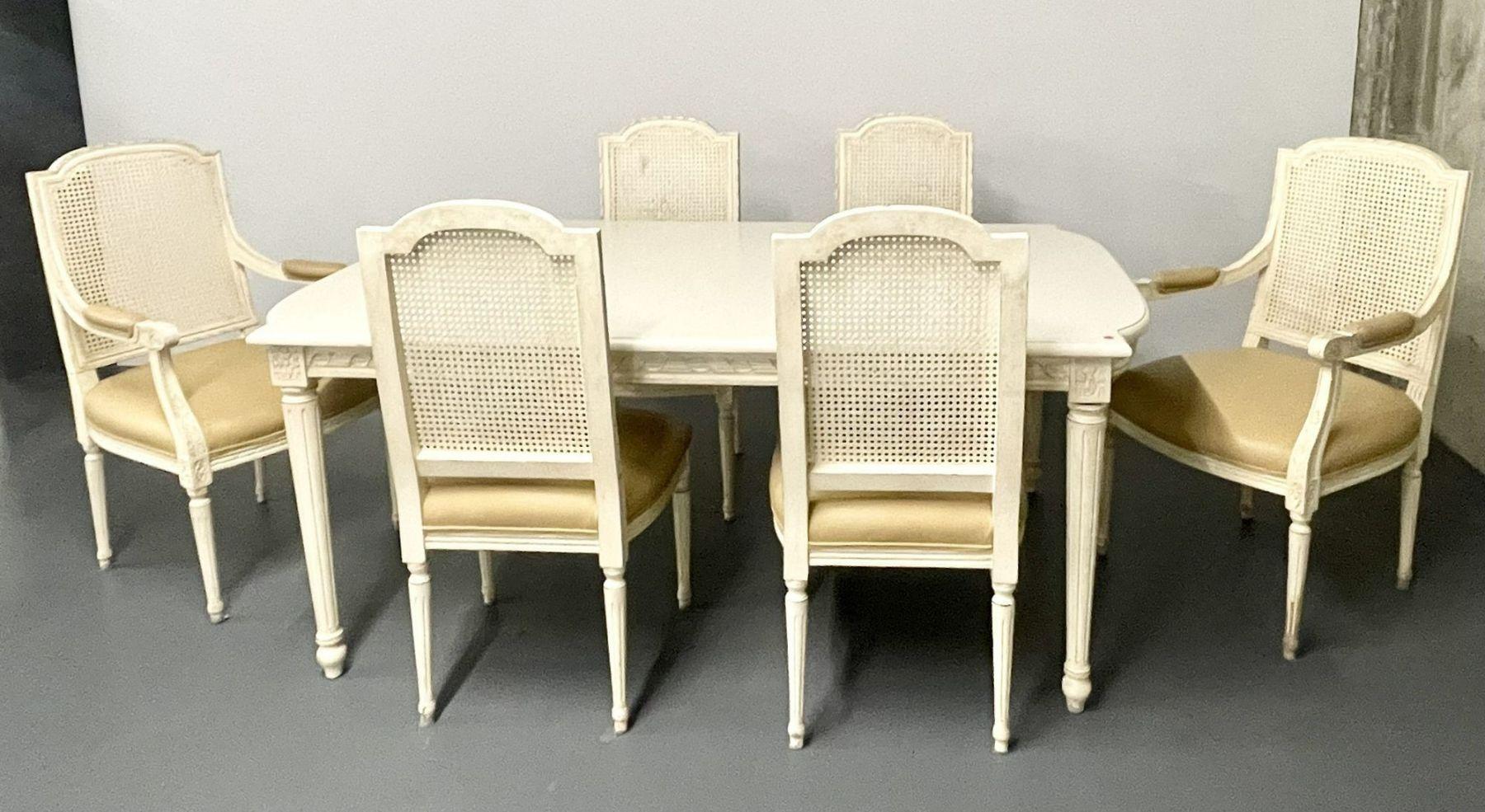 8 Louis XVI Style Wood Carved Painted Dining Chairs, Cane Back, Leather 2