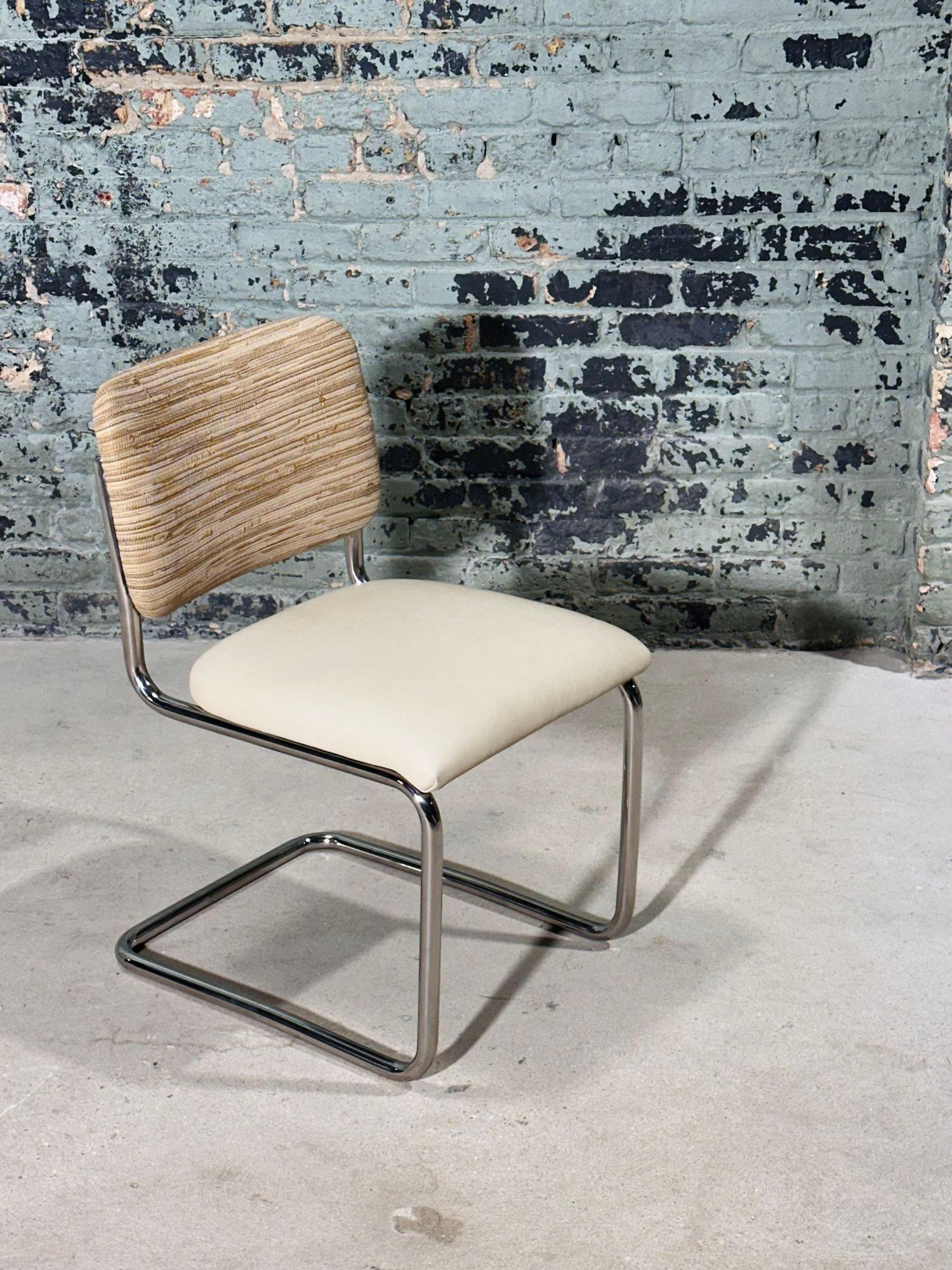 8 Marcel Breuer Cesca Side/Dining Chairs for Knoll, 1980. Woven leather upholstered backs in the style of Bottega Veneta, seat cushions are supple cream colored leather.
Measure 31