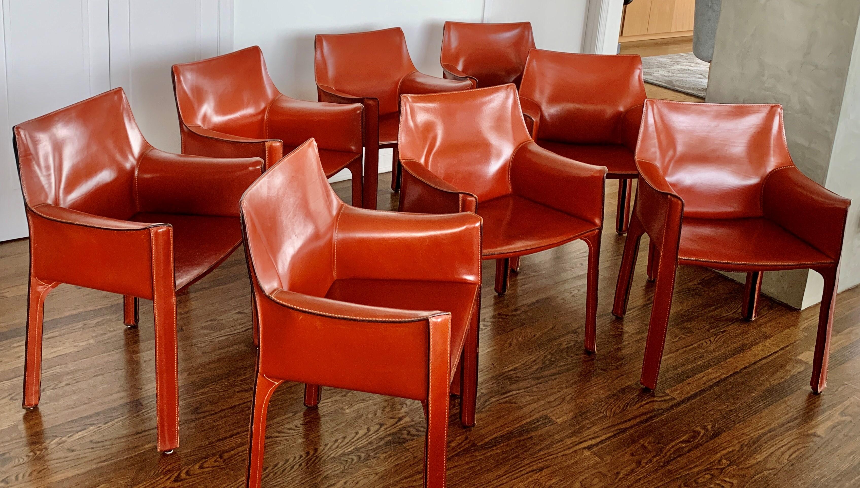 Photos TBU!

Set of 8 Mario Bellini CAB 413 chairs, made by Cassina in the 1990s. Flexible steel frame covered with a skin of high quality Russian Red (also known as Bulgarian Red) saddle leather. This elegant, versatile chair is equally suitable