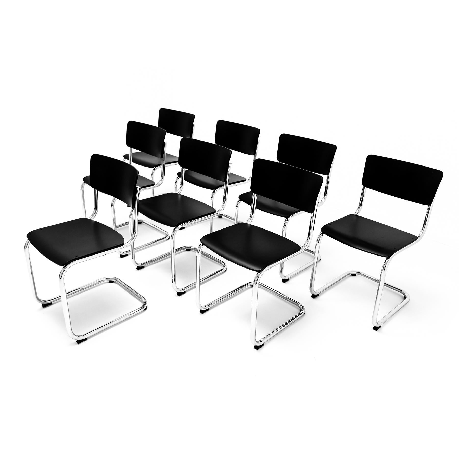 German 8 Mart Stam Bauhaus style black and chrome S 43 Cantilever chairs by Thonet