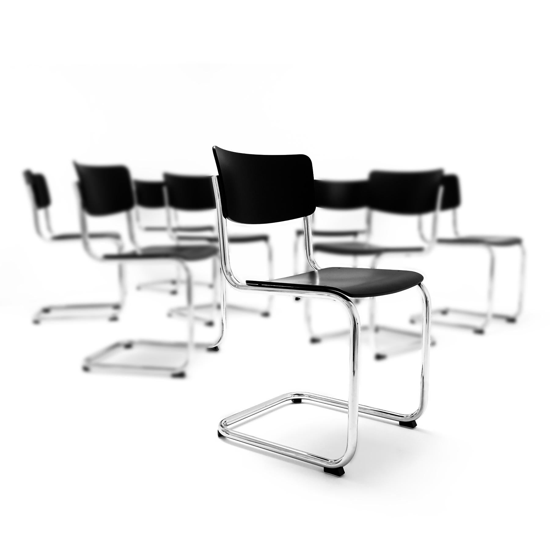 20th Century 8 Mart Stam Bauhaus style black and chrome S 43 Cantilever chairs by Thonet