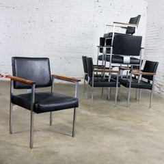 8 MCM Brushed Steel Black Vinyl Dining Conference Chairs with Walnut Arms