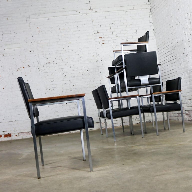 8 MCM Brushed Steel Black Vinyl Dining Conference Chairs with Walnut