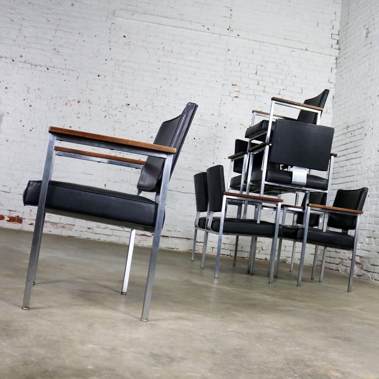 8 MCM Brushed Steel Black Vinyl Dining Conference Chairs with Walnut