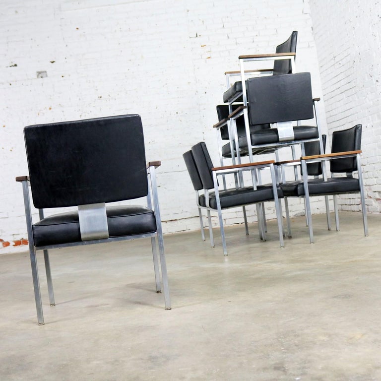 8 MCM Brushed Steel Black Vinyl Dining Conference Chairs with Walnut