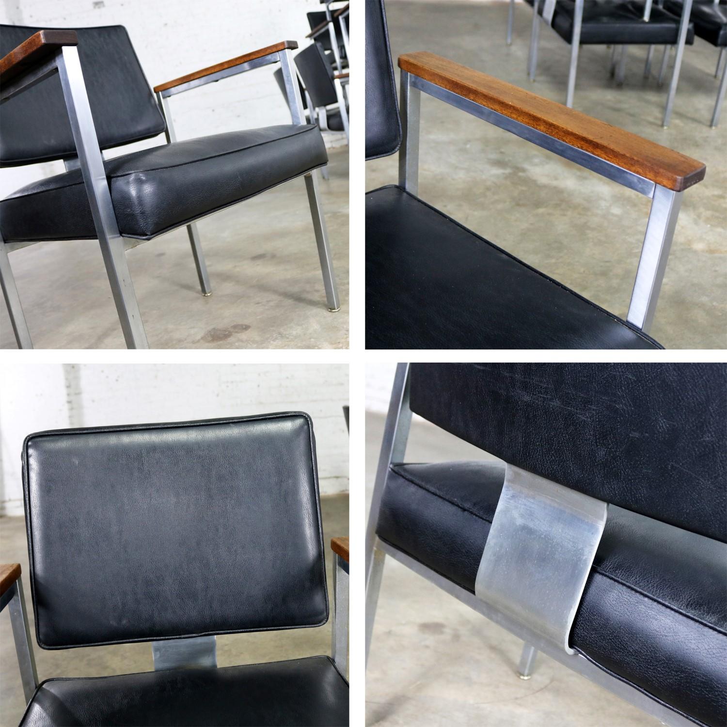 Mid-Century Modern 8 MCM Brushed Steel Black Vinyl Dining Conference Chairs with Walnut Arms