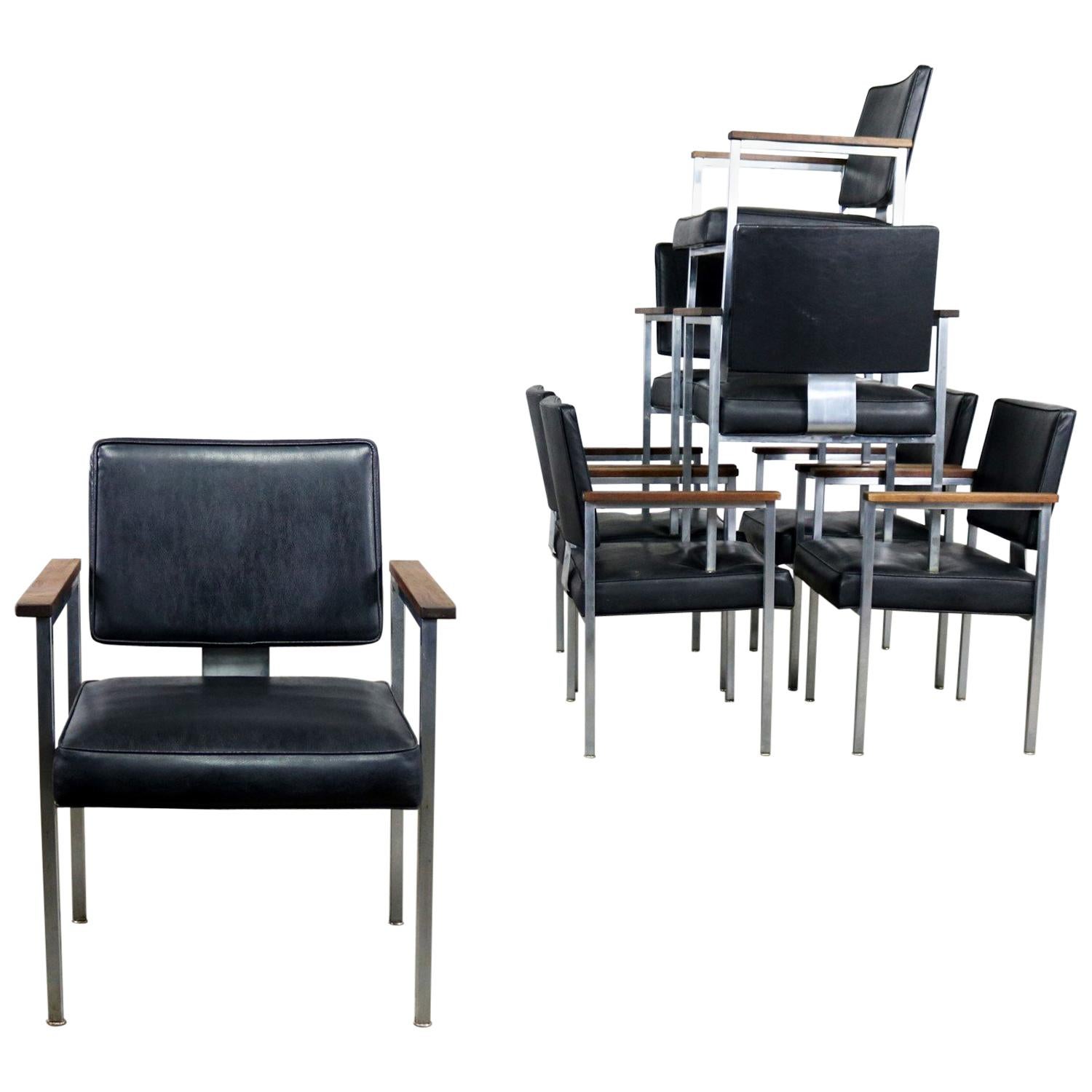 8 MCM Brushed Steel Black Vinyl Dining Conference Chairs with Walnut Arms