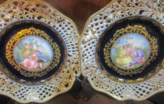8 Meissen Germany 19thc Cobalt Reticulated Porcelain Plates with Courting Scenes
