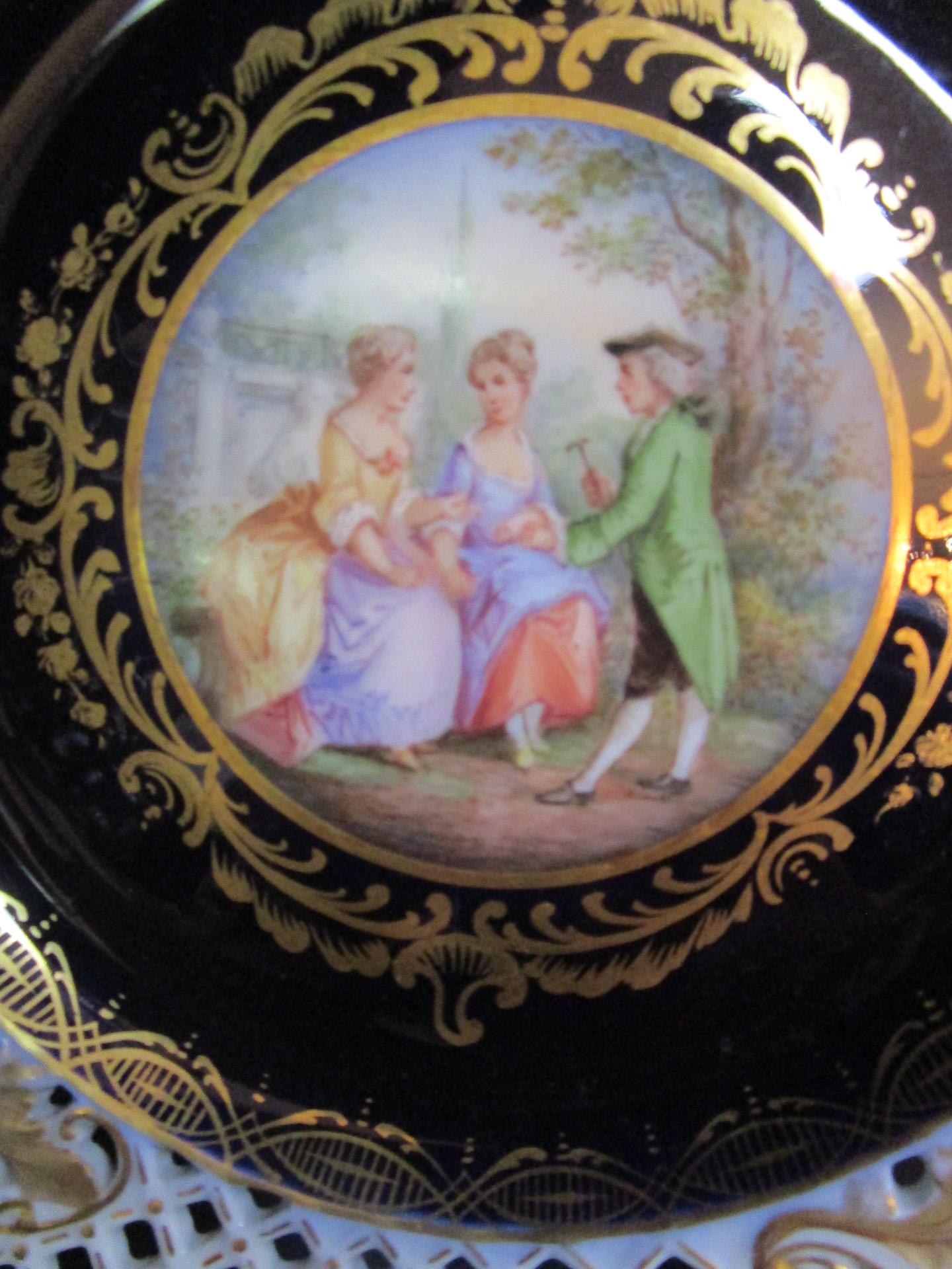 Painted 8 Meissen Germany 19thc Cobalt Reticulated Porcelain Plates with Courting Scenes For Sale
