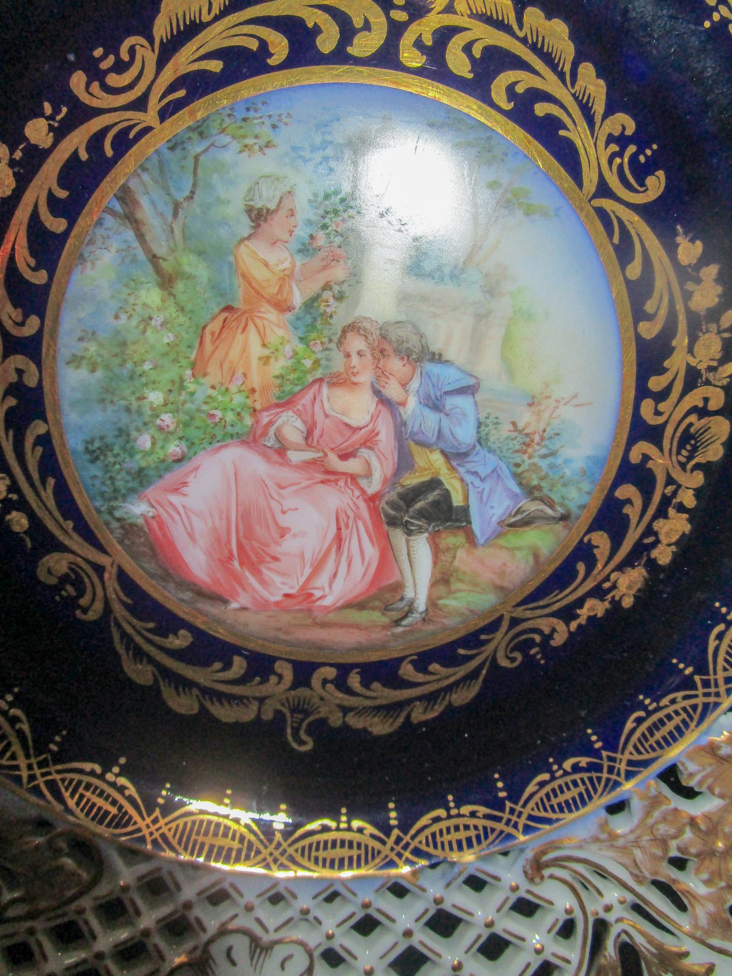 19th Century 8 Meissen Germany 19thc Cobalt Reticulated Porcelain Plates with Courting Scenes For Sale