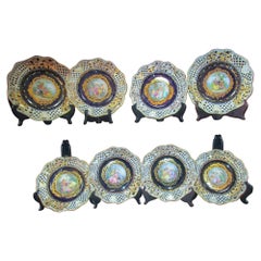 8 Meissen Germany 19thc Cobalt Reticulated Porcelain Plates with Courting Scenes