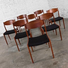 8 Mid-20th Century Scandinavian Modern Teak Dining Chairs Black Papercord Seats