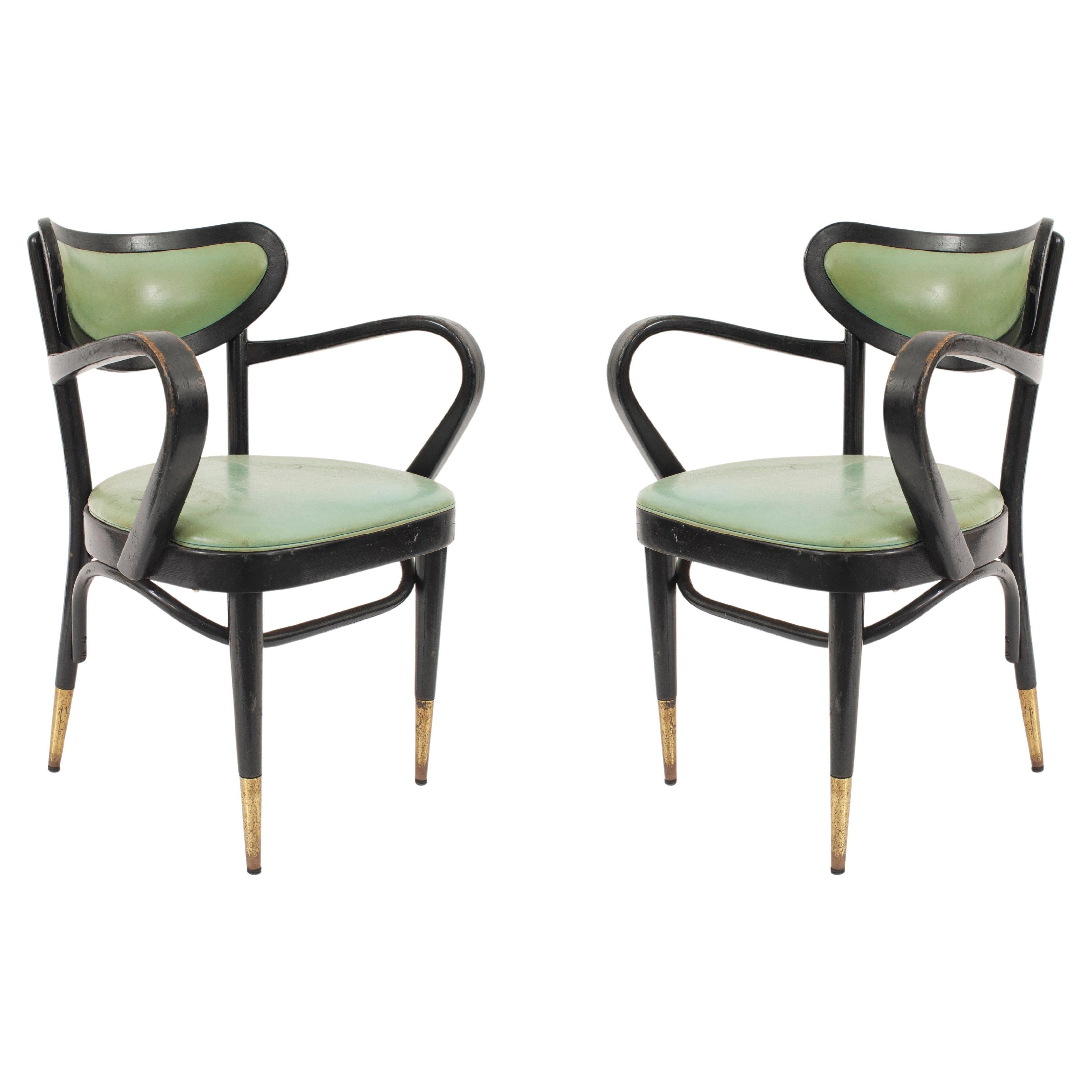8 Beistellstühle aus grünem Leder und Bugholz aus der Mitte des Jahrhunderts im Angebot