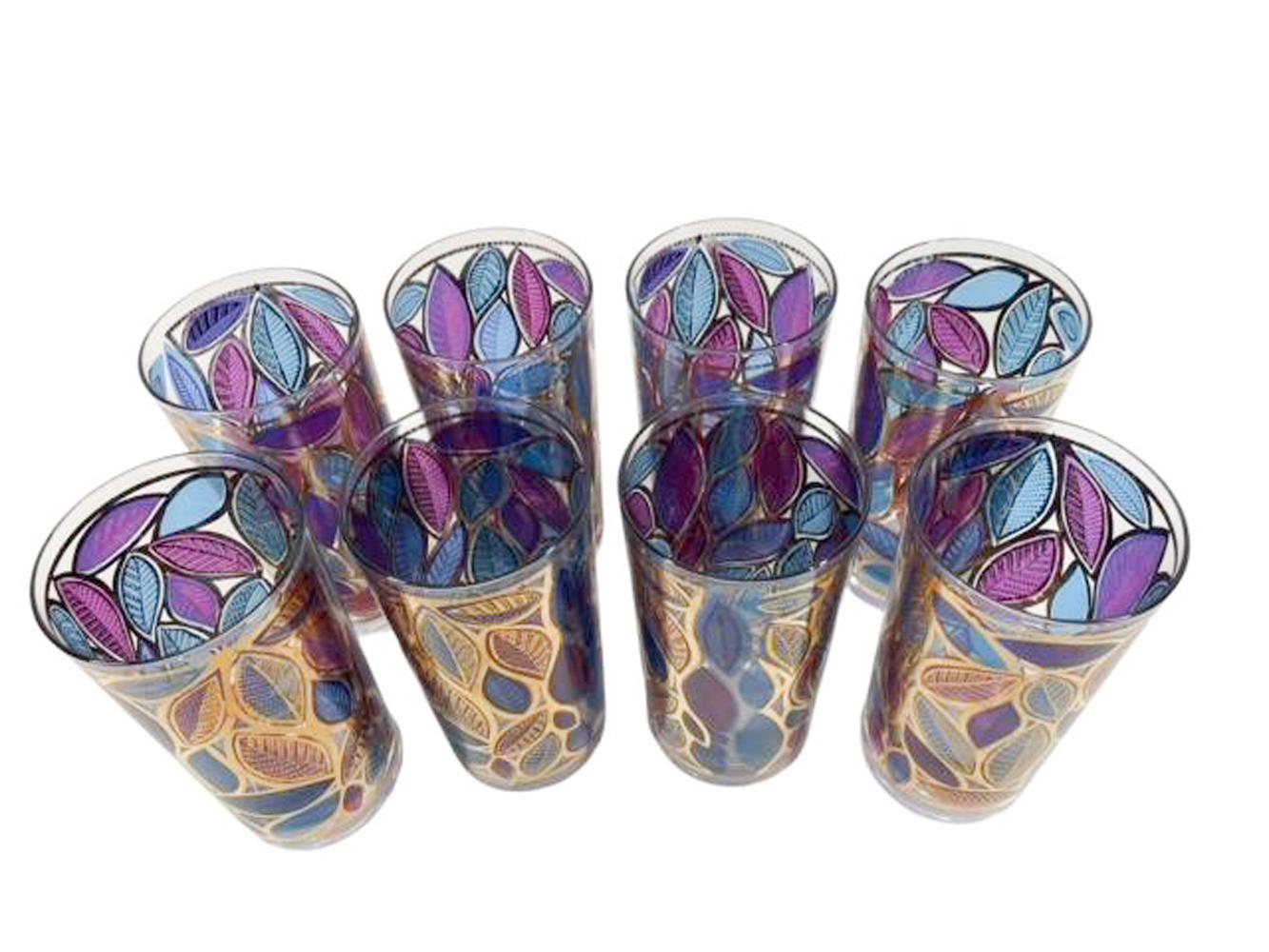 8 verres longs du milieu du siècle par Cera Glass en émail translucide et or 22 carats en vente 1