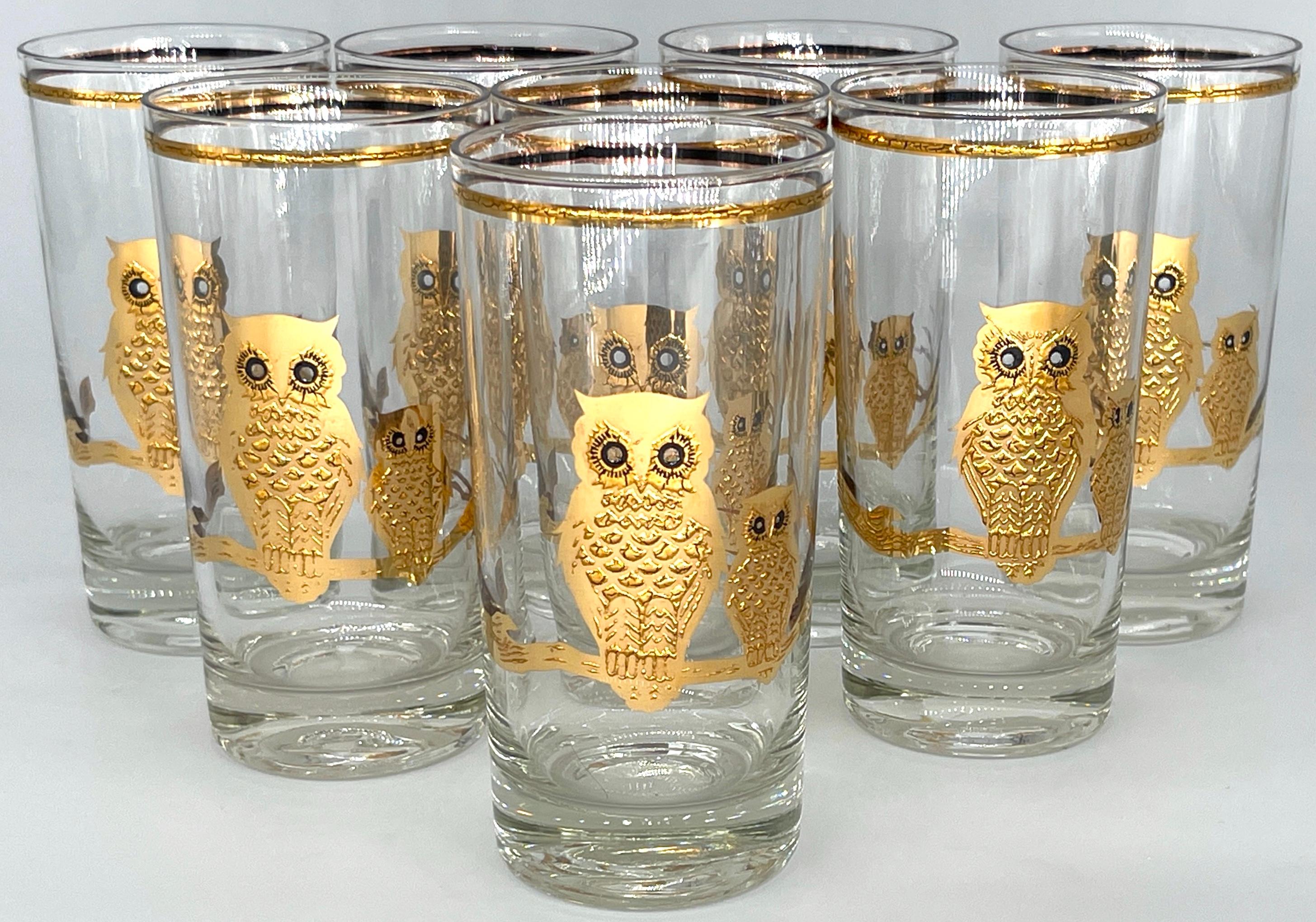Mid-Century Modern 8 verres longs à motif de hibou en or 22 carats, de style moderne du milieu du siècle dernier, par Culver en vente