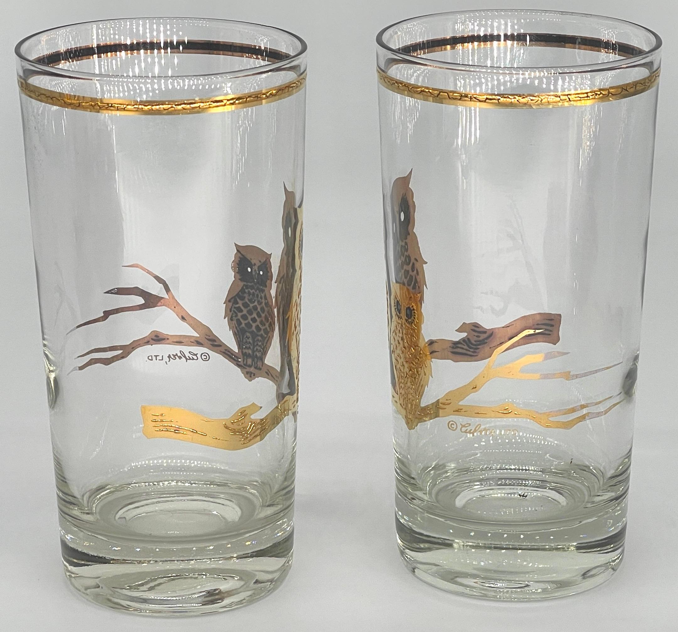 Mid-Century Modern 8 Mid Century Modern 22K Gold Enameled Owl Motif Highball Glasses by Culver For Sale