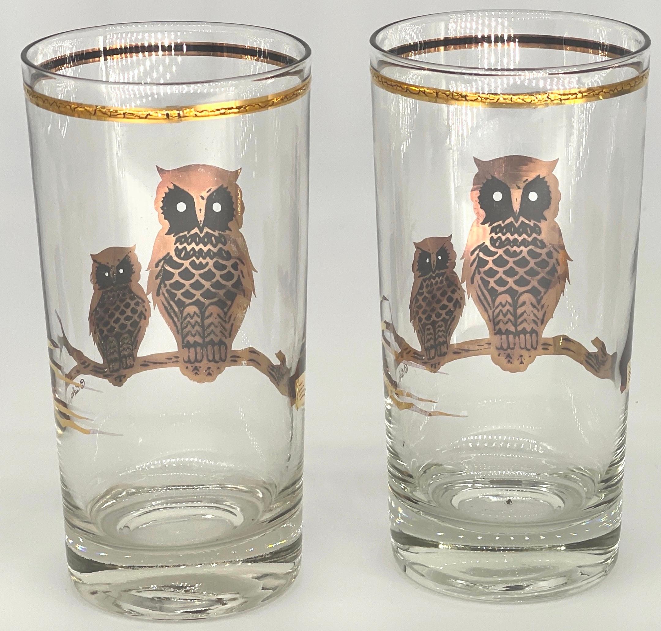 American 8 Mid Century Modern 22K Gold Enameled Owl Motif Highball Glasses by Culver For Sale