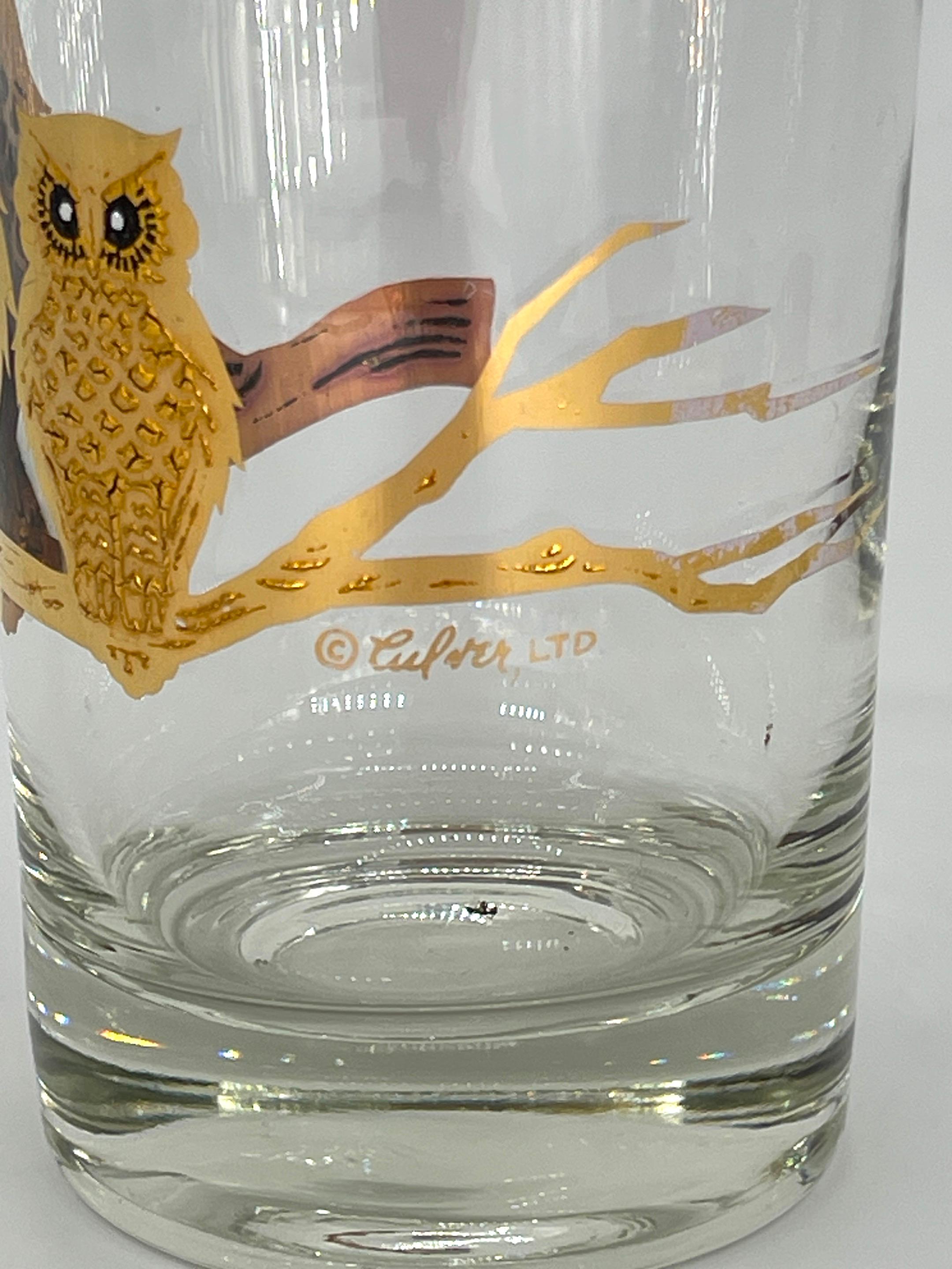 8 Mid Century Modern 22K Gold Enameled Owl Motif Highball Glasses by Culver In Good Condition For Sale In West Palm Beach, FL