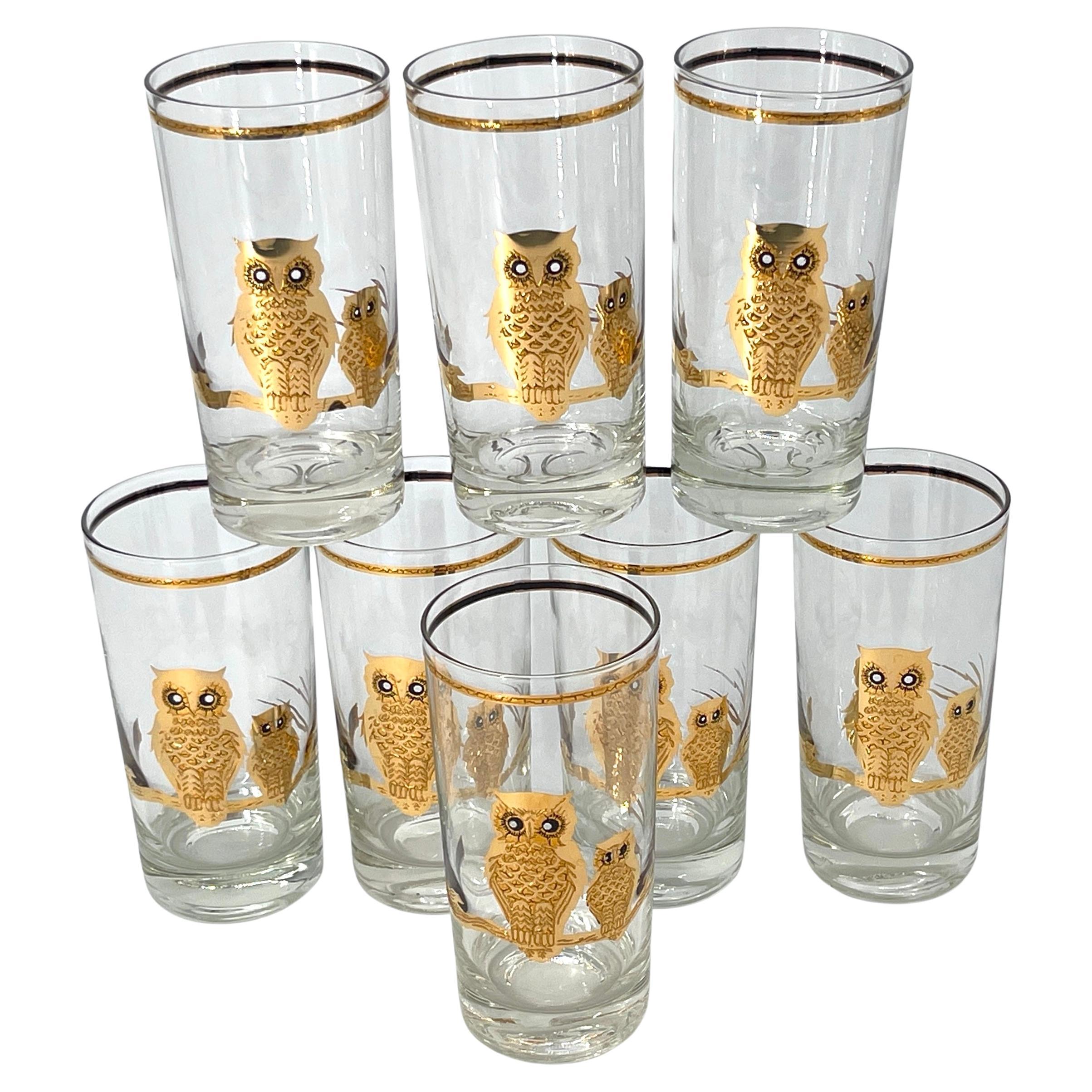 8 Mid Century Modern 22K Gold Enameled Owl Motif Highball Glasses by Culver For Sale