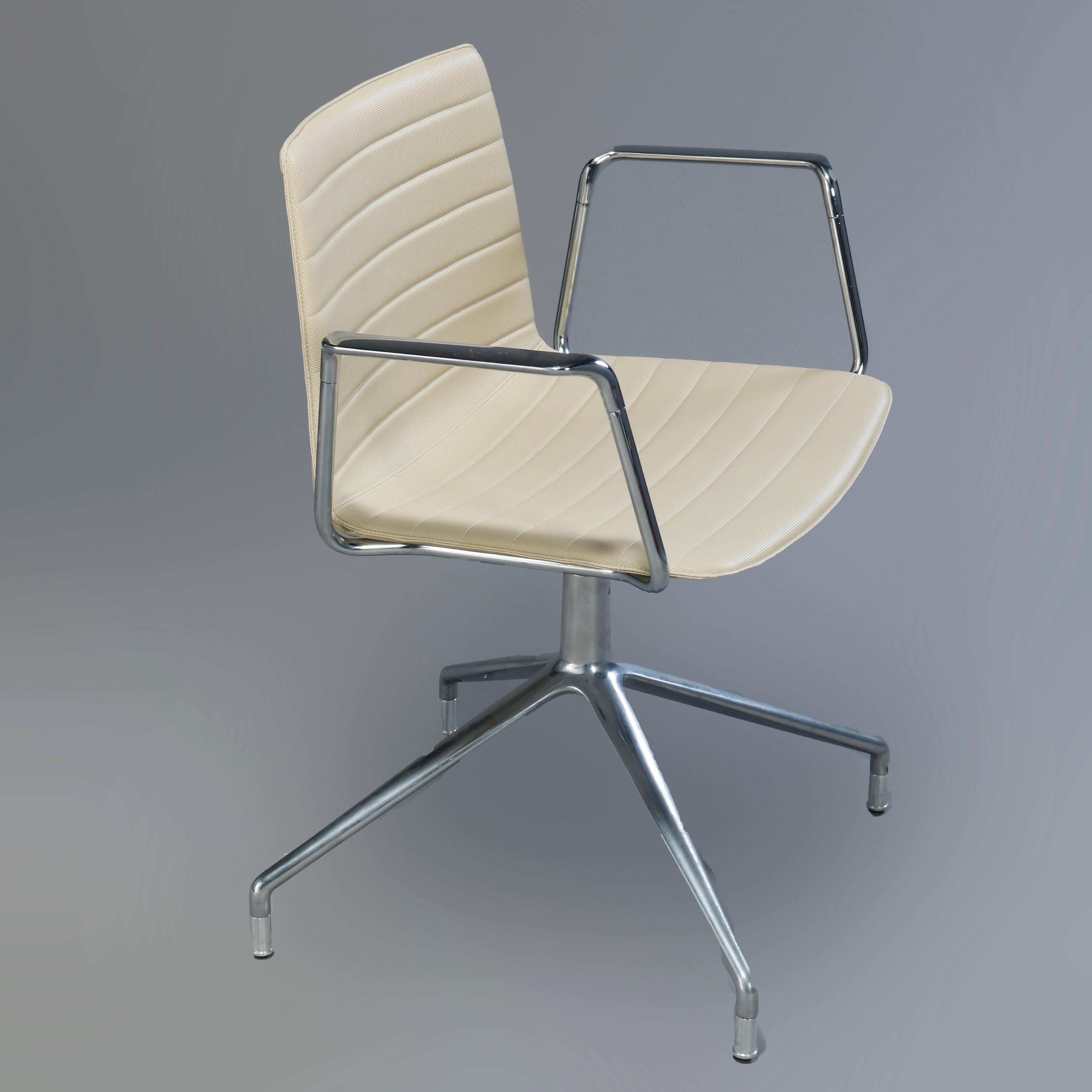 A Mid-Century Modern set of eight swivel Flex chairs by Piergiorgio Cazzaniga for Andreu World in the manner of Eames for Miller offer ribbed polymer seats and backs over chromed steel frame having central post with four spider legs, original label