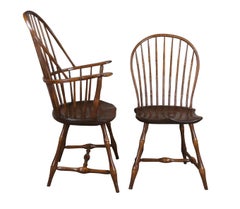 8 Mid Century Windsor Farmhouse Walnut Bow Sack Back Dining Arm & Side Chairs