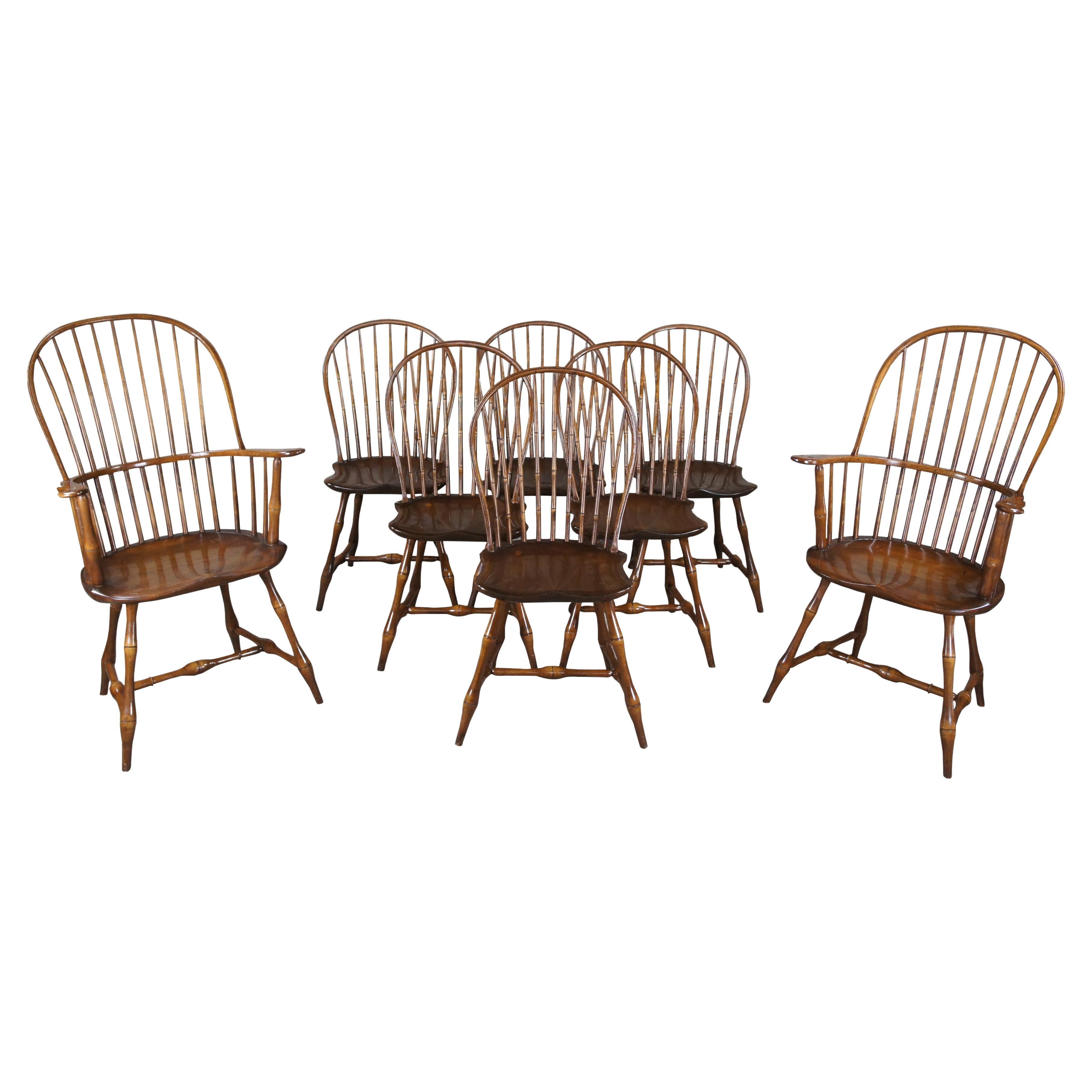 8 Mid Century Windsor Farmhouse Walnut Bow Sack Back Dining Arm & Side Chairs