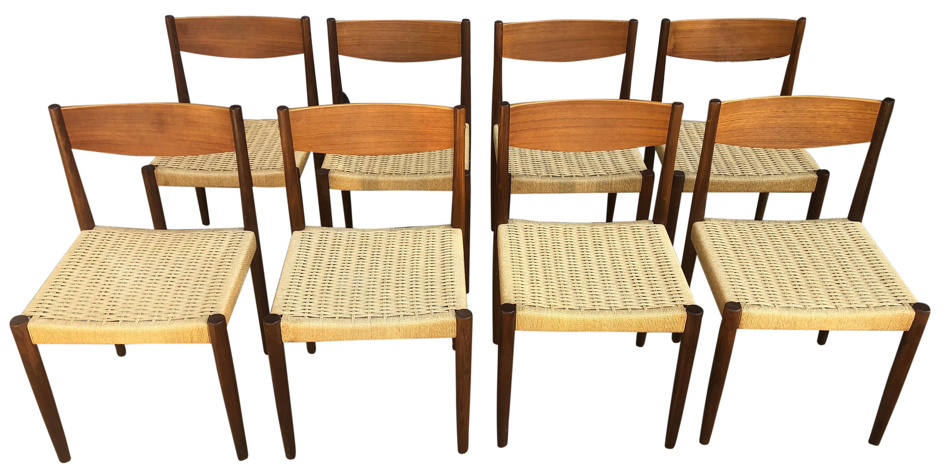 Eight Beautiful teak Papercord dining chairs for Frem Rojle designed by Poul Volther. This listing is for (8) chairs (1) set. Great Danish design. All chairs are in original vintage condition. All matching original Papercord seats. These chairs are
